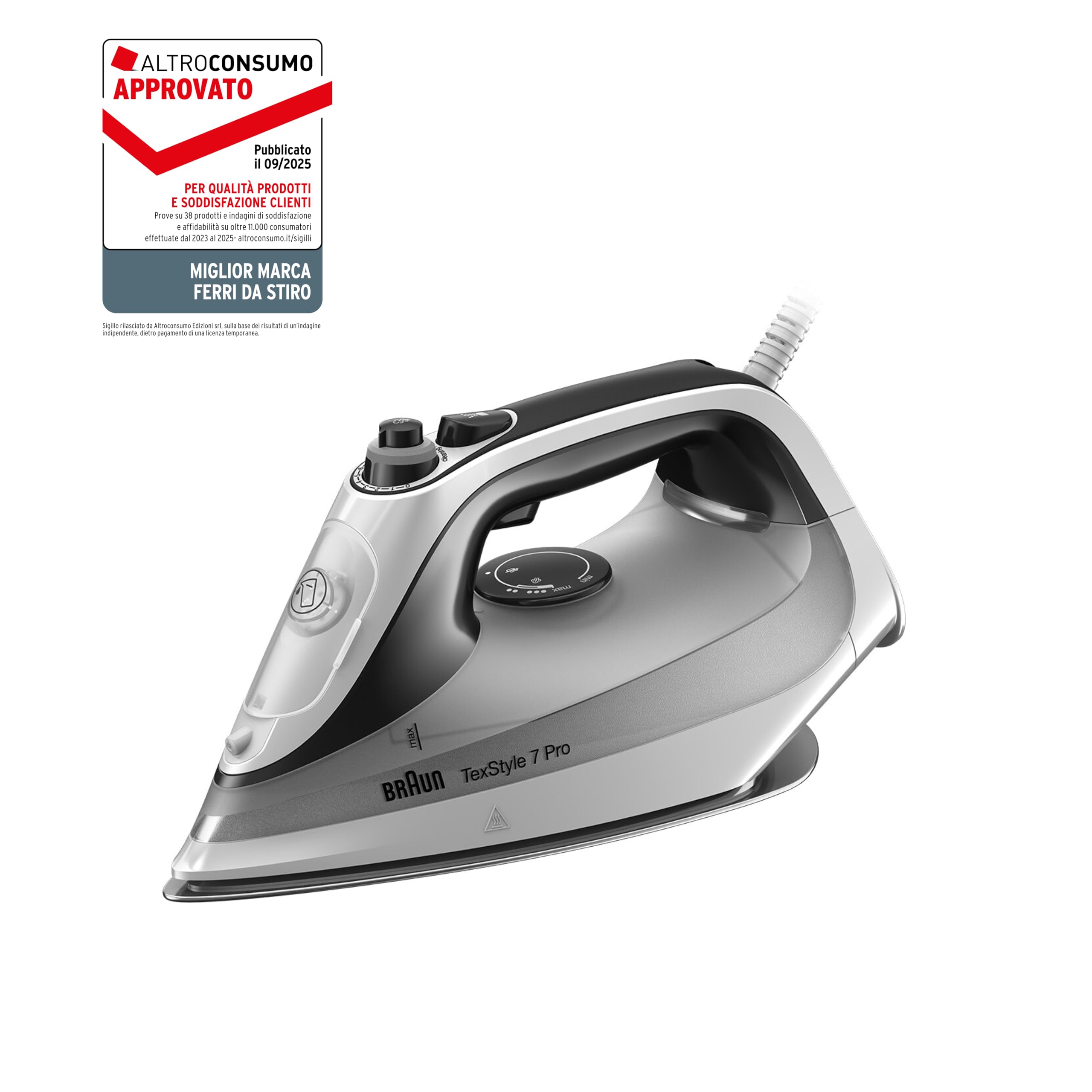 Braun TexStyle 7 Pro SI7149WB, Ferro da Stiro con Piastra FreeGlide 3D EloxalPlus, 220 g/min, Punta di Precisione, Manico Ergonomico, Ricarica da 300ml, Sistema Antigoccia, 2900W, Bianco/Grigio