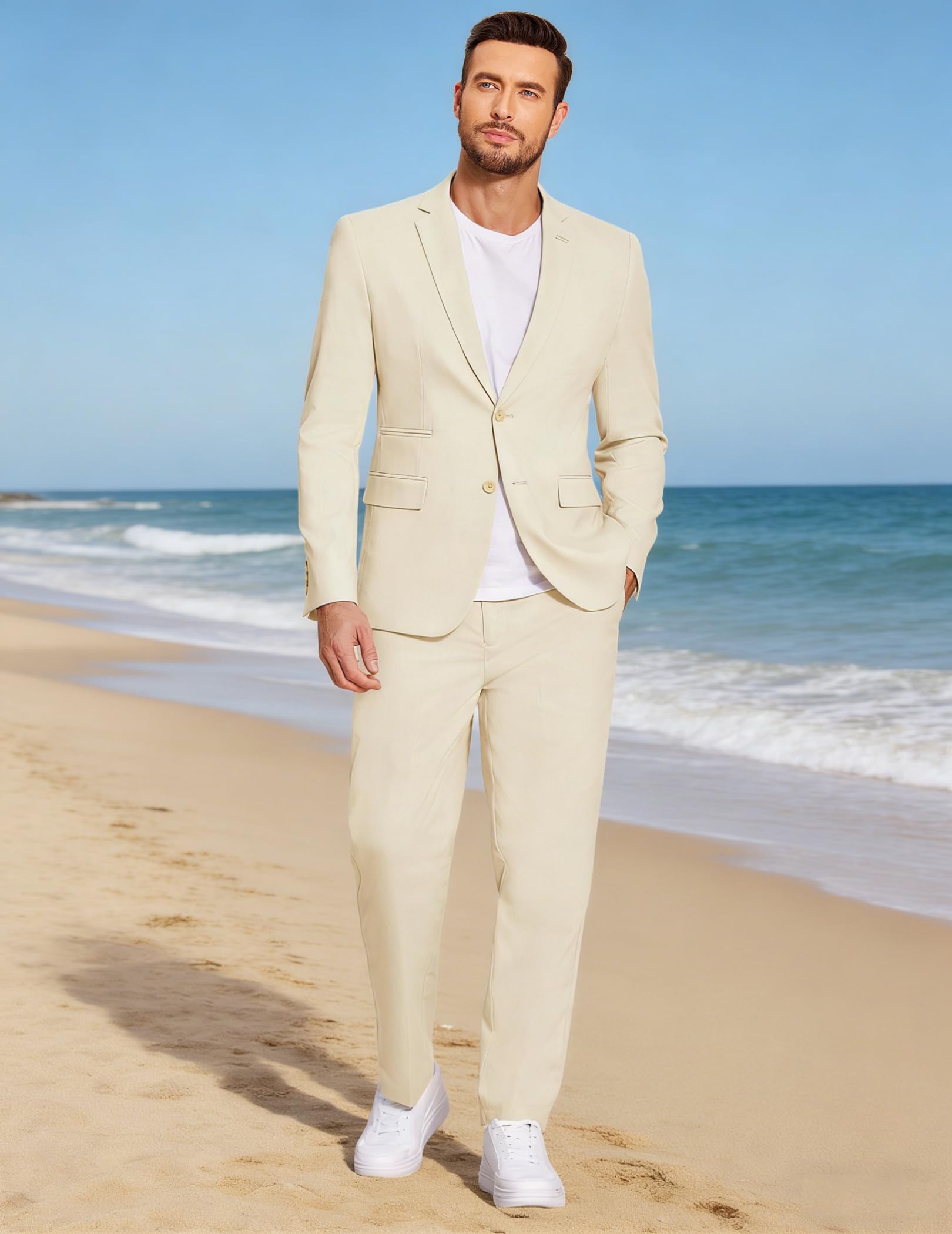 COOFANDY Ensemble 2 pièces en lin pour homme, coupe droite, blazer léger et décontracté
