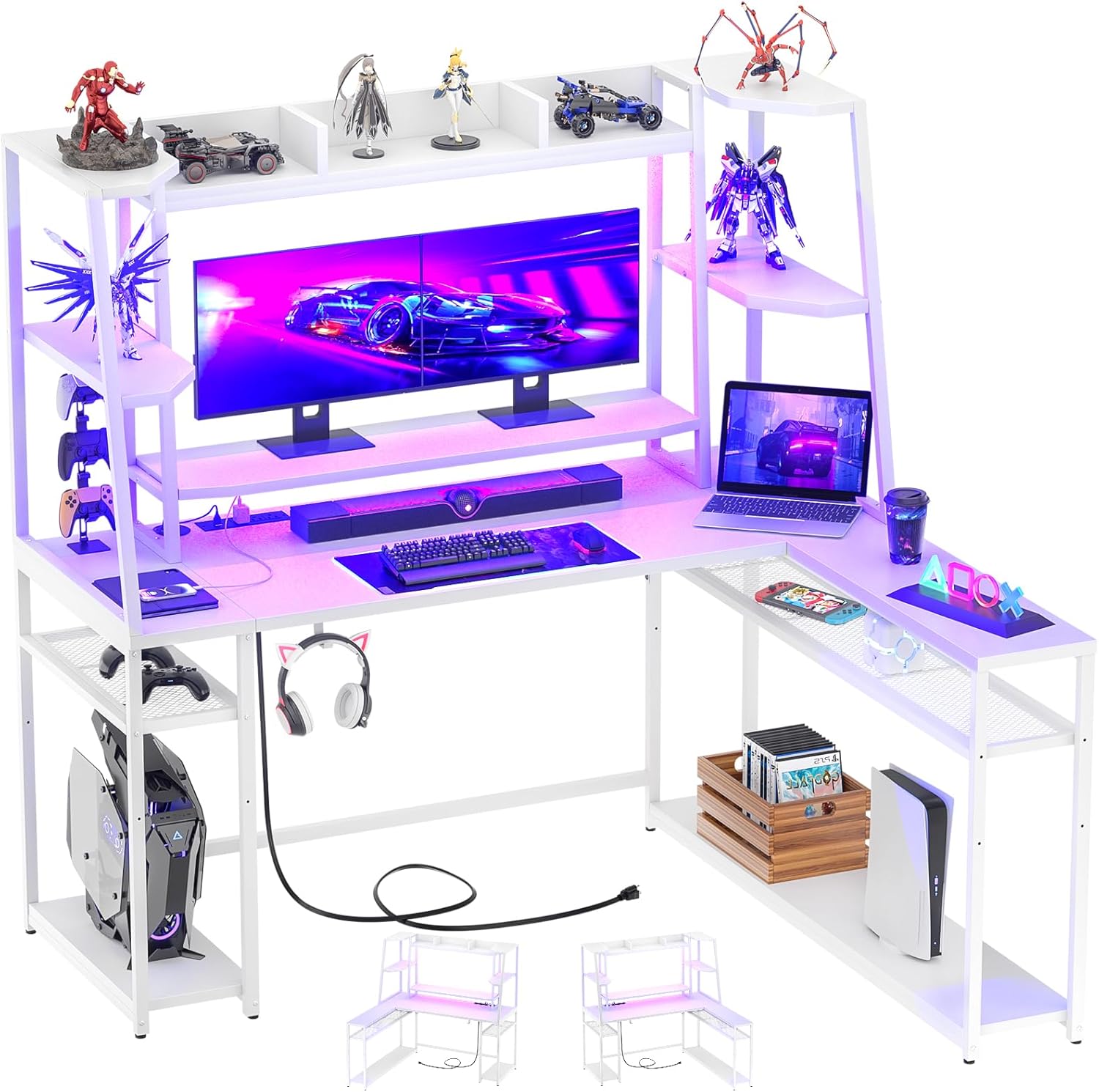 Armocity 63'' L Shaped Gaming Desk with Hutch, Corner Game Desk with Outlets, PC Gamer Desk LED Lights, Gaming Computer Desks with Shelves, White