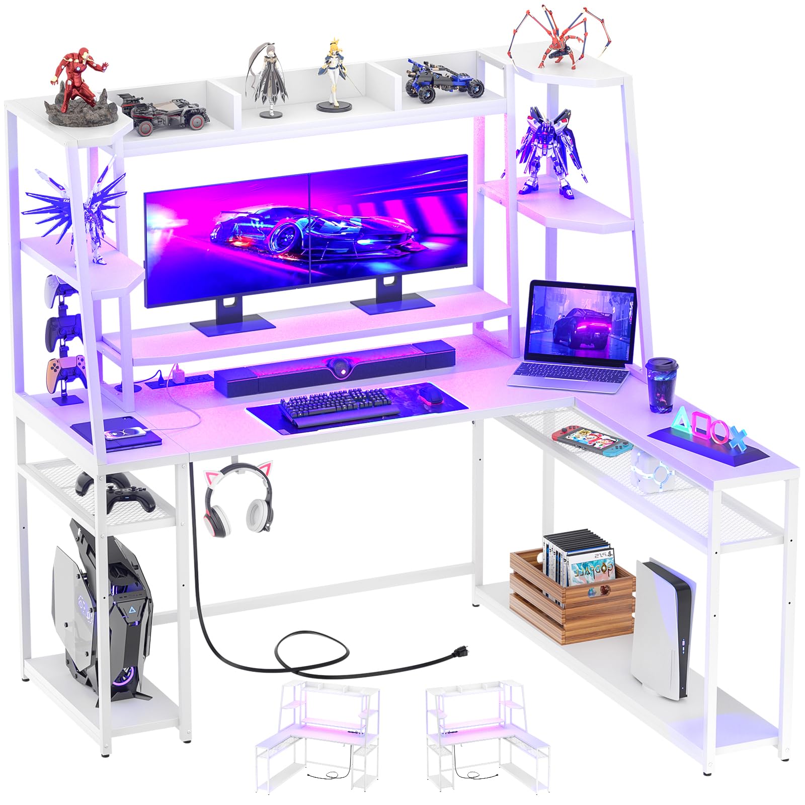 Besiost 63" L Shaped Gaming Desk with Power Outlets and Hutch, Reversible L Shaped LED Computer Desk with Storage Shelves, Corner Gamer Desk with
