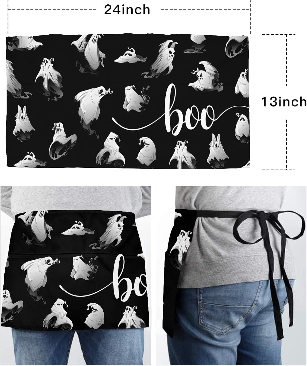 Miniatura 6 de Delantal de camarera de Halloween para mujereshombres con 3 bolsillos, diseño de fantasma blanco clásico negro, delantal impermeable para cocina,