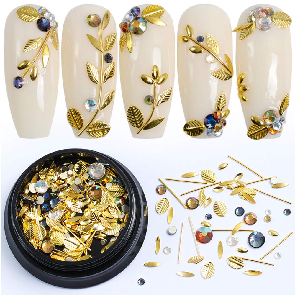 ETRSAIRL3D Metal Nail Art Charm Decoration Accessories Holographic Nail Art Gold Line Leaf Gems Sparkle Shape Design Decals DIY Nail Jewelry Accessories for Women Girl Nails Acrylic Design Supplies