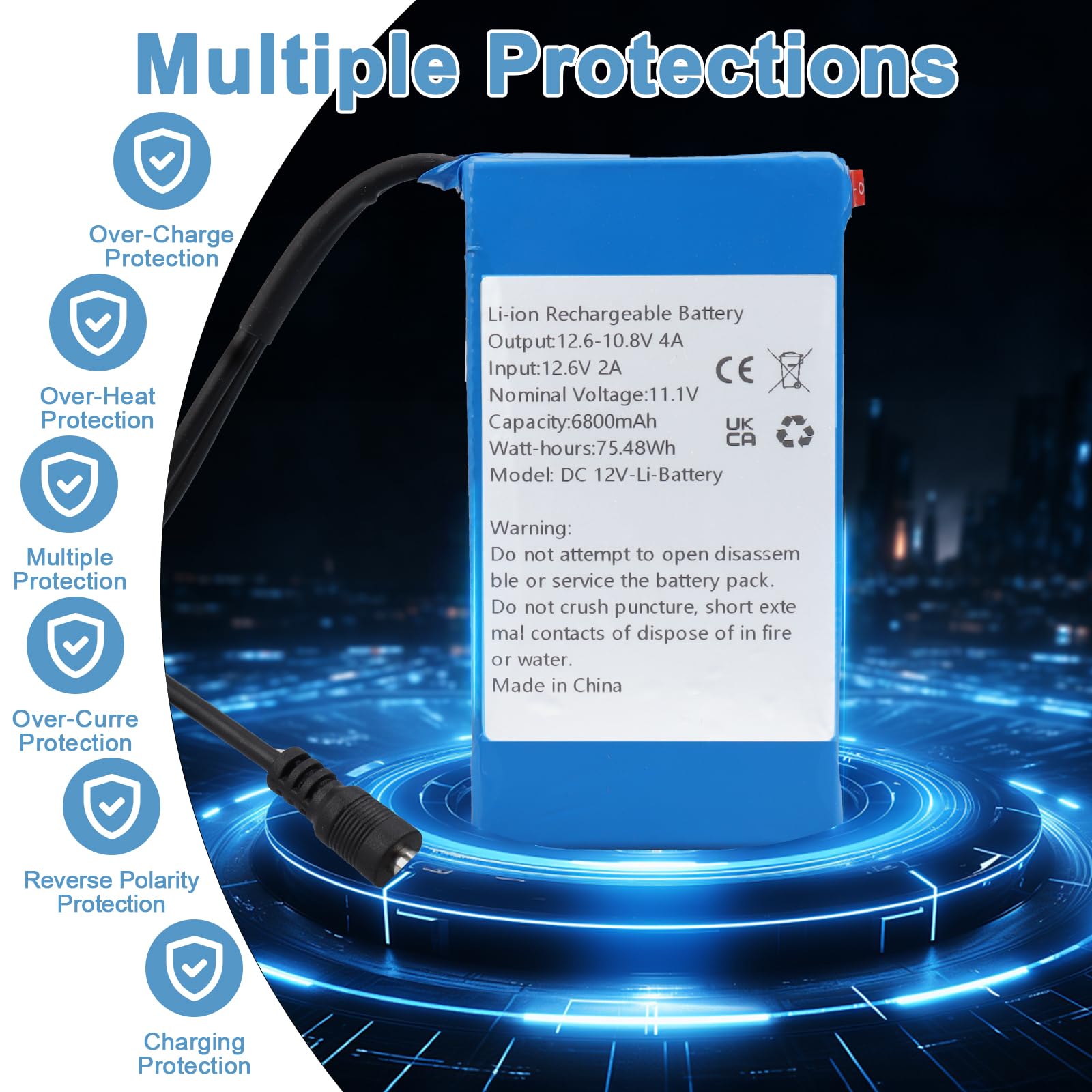 DC 12V 6800mAh Batería Recargable de Iones de Litio para la Mayoría de los Dispositivos de 12V, Cámaras Inalámbricas, Videocámaras, Reproductores MP3, Cámara CCTV, Enrutador, DVD, etc