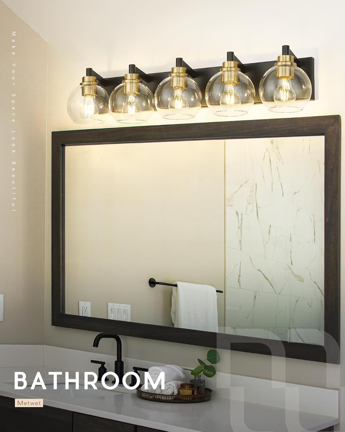 Bathroom Light Fixtures, 5-Light Black and Gold Bathroom Vanity Light, 32 Inch Modern Wall Sconces with Globe Clear Glass Shade, Vanity Lighting Fixtures Over Mirror, VL195-KG-5