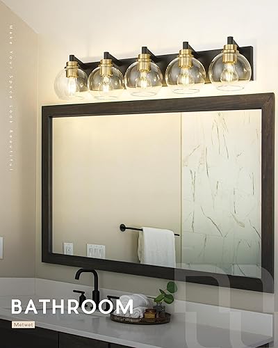 Miniatura 4 de VL195-KG-5 - Lámpara de baño de 5 luces negras y doradas, apliques de pared modernos de 32 pulgadas con pantalla de vidrio transparente de globo,