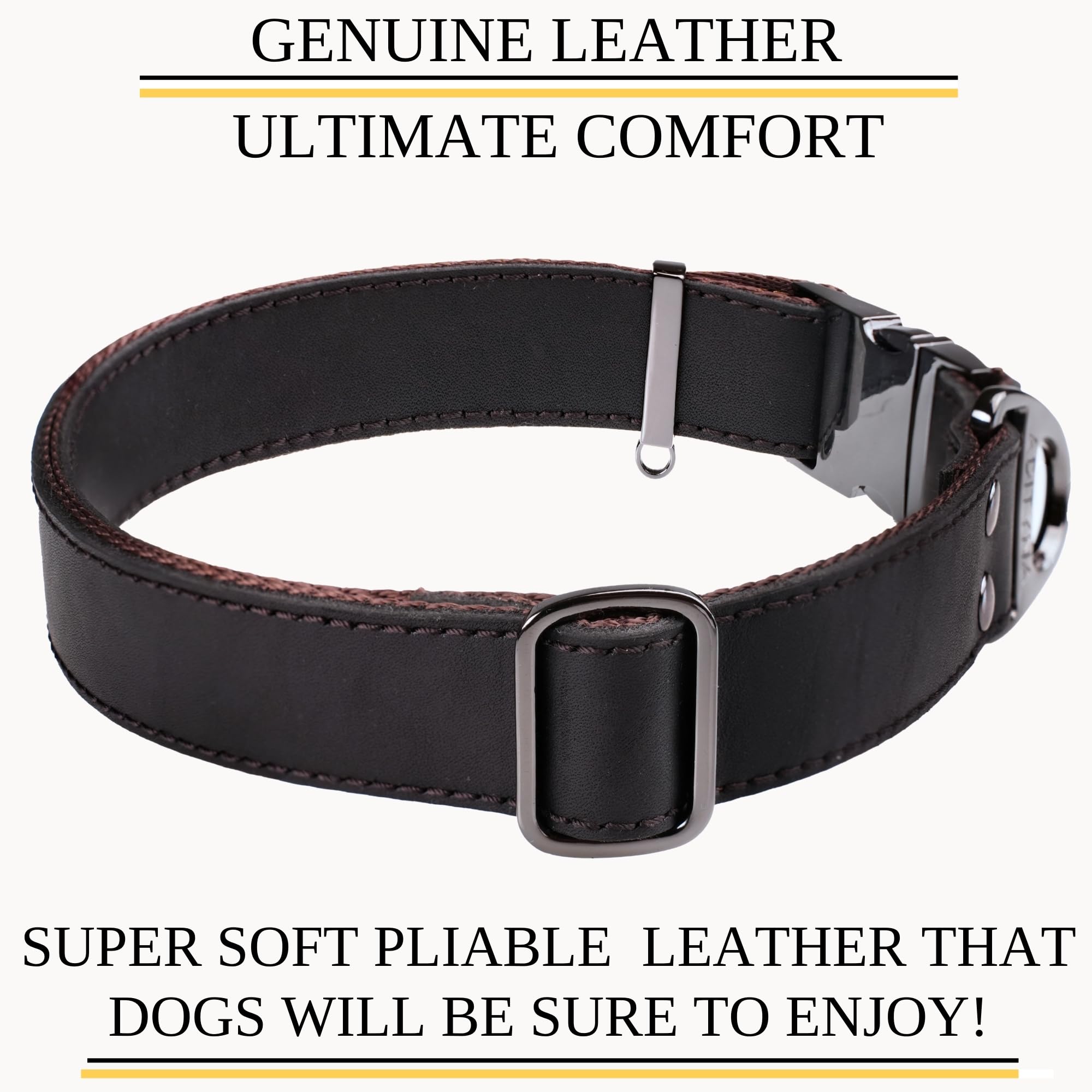 ADITYNA - Collar de cuero para perro con hebilla de metal para perros medianos y grandes - Collar táctico de cuero resistente, ajustable y de cuero (negro, se adapta a cuellos de 15 a 21 pulgadas)