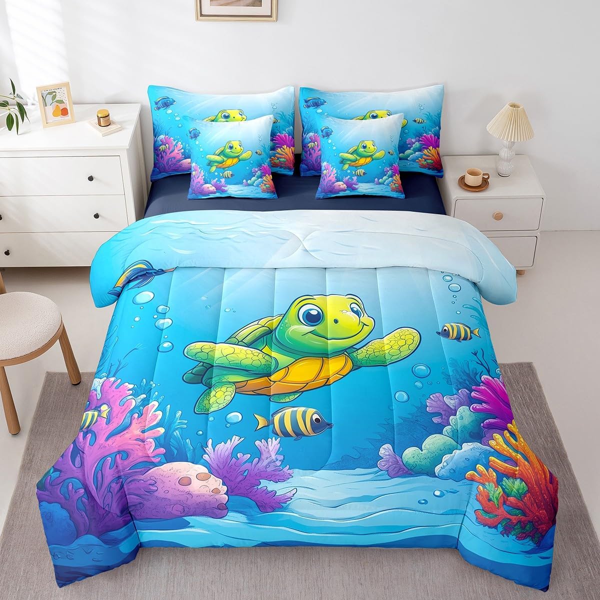 Erosebridal Kawaii Dolphin Queen Comforter Set, Cute Fishing Underwater Soft Bed Set for Kids Teens Adults, Cartoon Fish Coral Bed in a Bag Sheets Set for Bed, Kids Marine Life Bedding Accessories