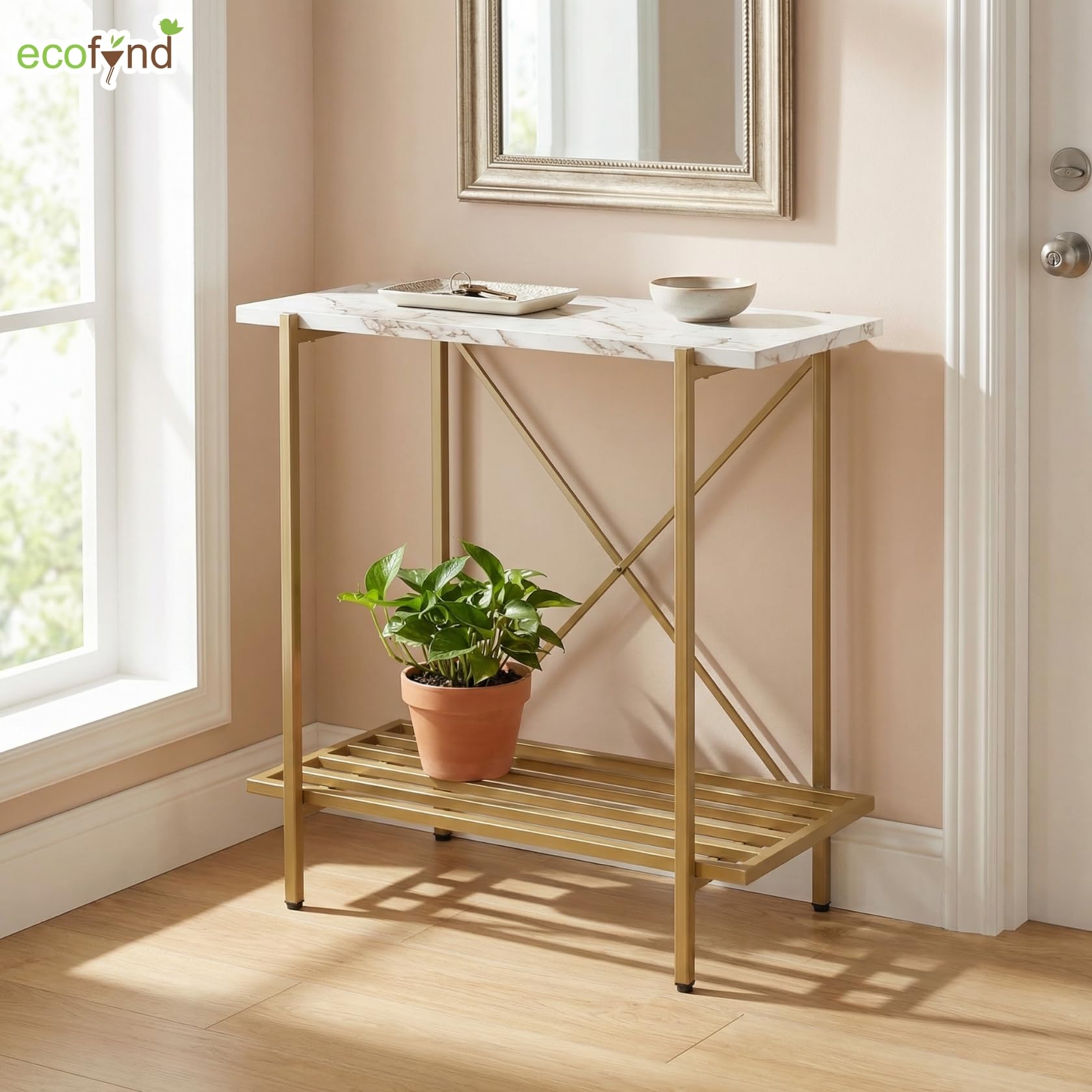 ecofynd 26 Inch 2 Tier Console Table, Metal with Engineered Wooden top for Long Narrow Hallway, Entryway, Living Room, Dining Room, Office, Home Side Table Storage Shelves (WHTGO, CT005) 4