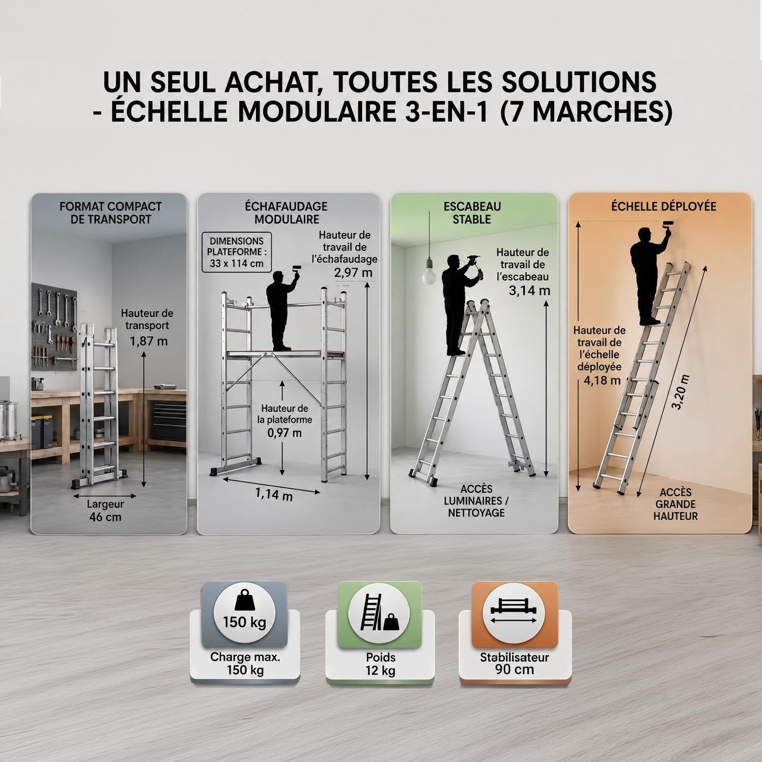 High Échelle 2 Plans Aluminium 3-en-1 escabeau échafaudage 7 marches