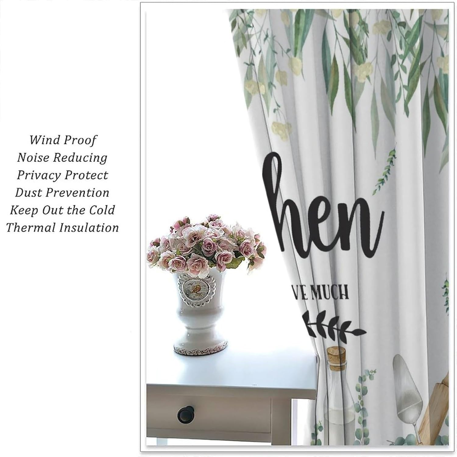 Rustic Eucalyptus Leaves Kitchen Curtains,Tableware Plants Country Wooden Board Farm Nature Blackout Rod Pocket Window Treatment for Cafe Restaurant Living Room Bedroom Home Drapes 52"W X 84"L