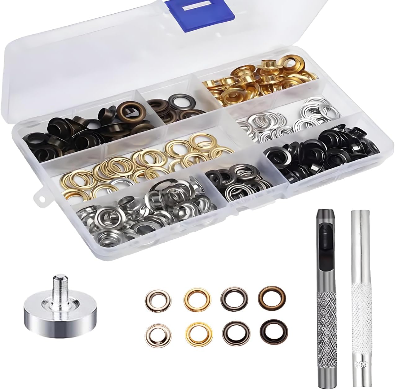 Uskerb 200 Sets Eyelet Punch Kit - 1/4 Inch Grommets for DIY Crafts, Clothing, Curtains, Leather with Storage Box - Durable Metal Eyelet Kit with Easy-to-Use Tools for Beginners and Professionals