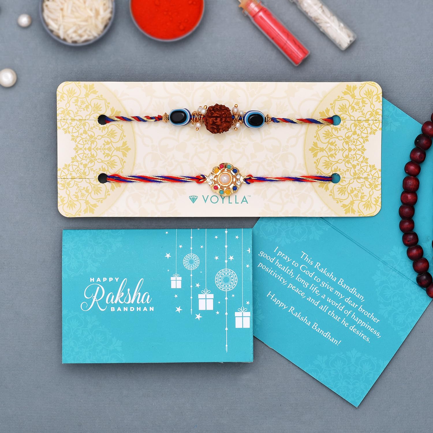 2 Colorful Stones & Rudraksha Evil Eye Rakhi