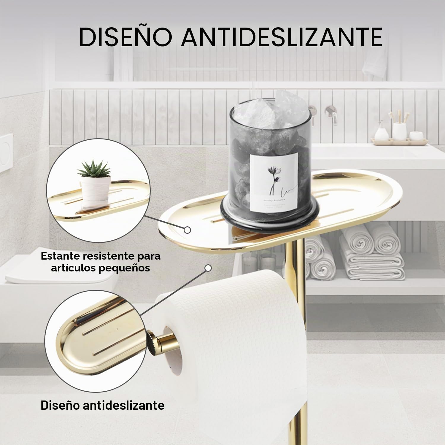 BGL Juego de escobillas de baño de pie con soporte para papel higiénico 3 en 1 con estante, diseño moderno y de acero inoxidable dorado