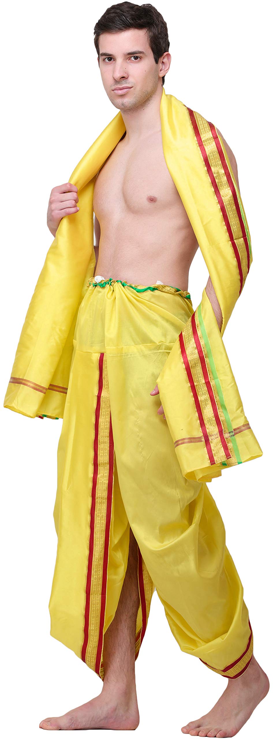 Exotic India Gotowy do noszenia zestaw Dhoti i Angavastram z tkaną złotą obwódką