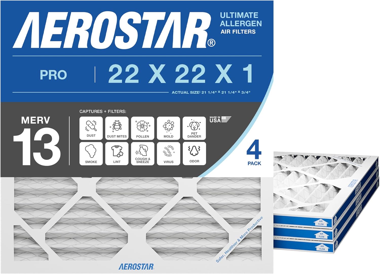 Aerostar 21x21x1 MERV 13 Pleated Air Filter, Allergen and Bacteria Defense (4 Pack), Actual Size: 21.25x21.25x0.75