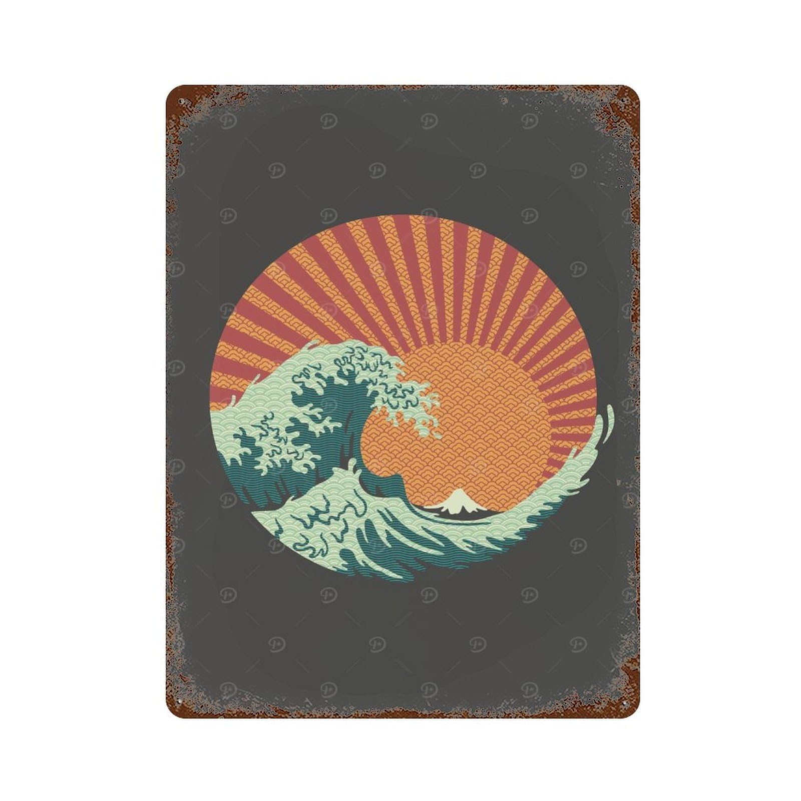 Kanagawa Wave Japanese Vintage Rust Metal Sign 15.7"x11.8", Shabby Chic Decor for Garage, Pub Or Kitchen