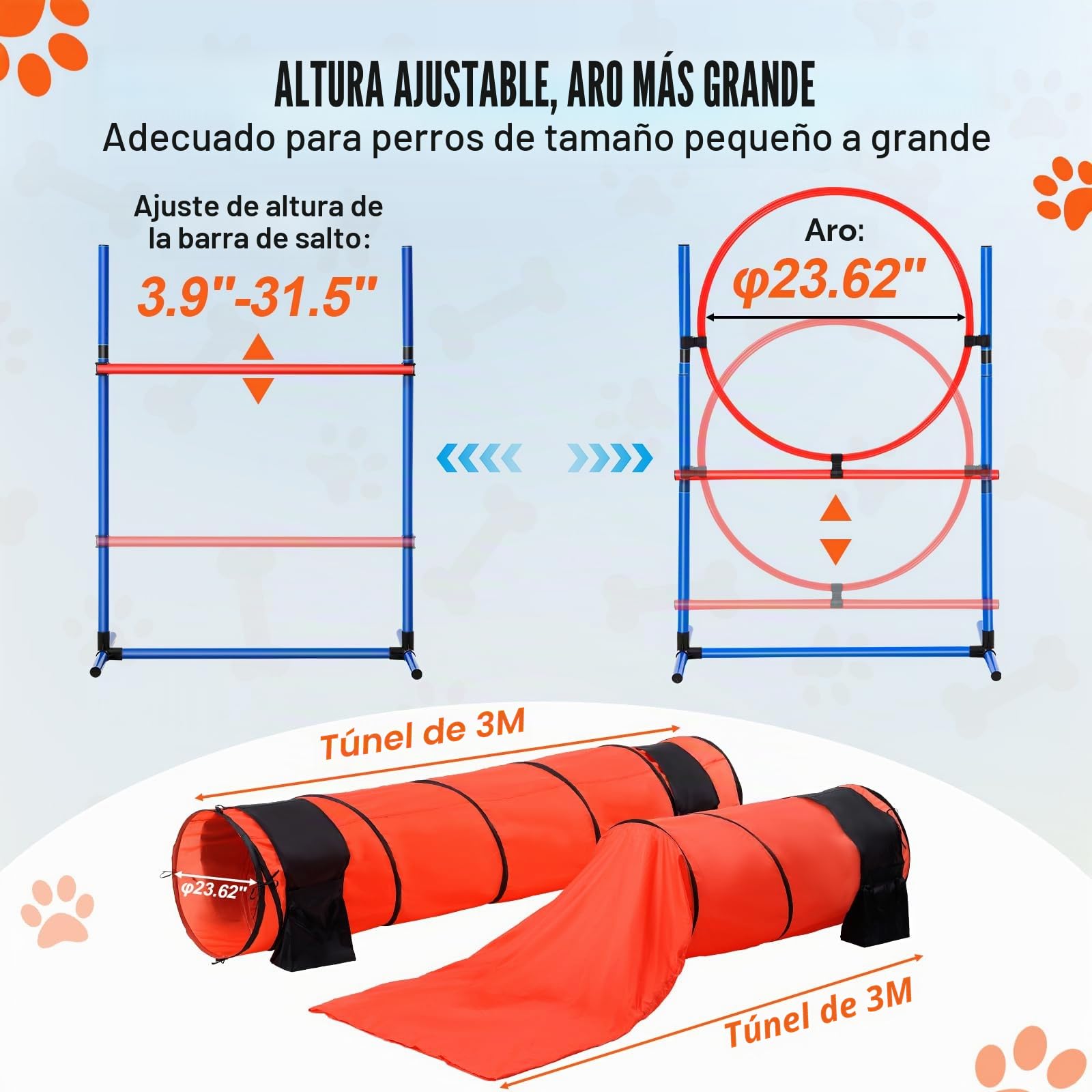 VEVOR Kit de Equipo de Entrenamiento de Agilidad para Perros 7 Piezas Carrera de Obstáculos para Cachorros con Vallas Altas Ajustables 6 Postes Túneles Arco de Salto Caja de Descanso Silbato Cuenco