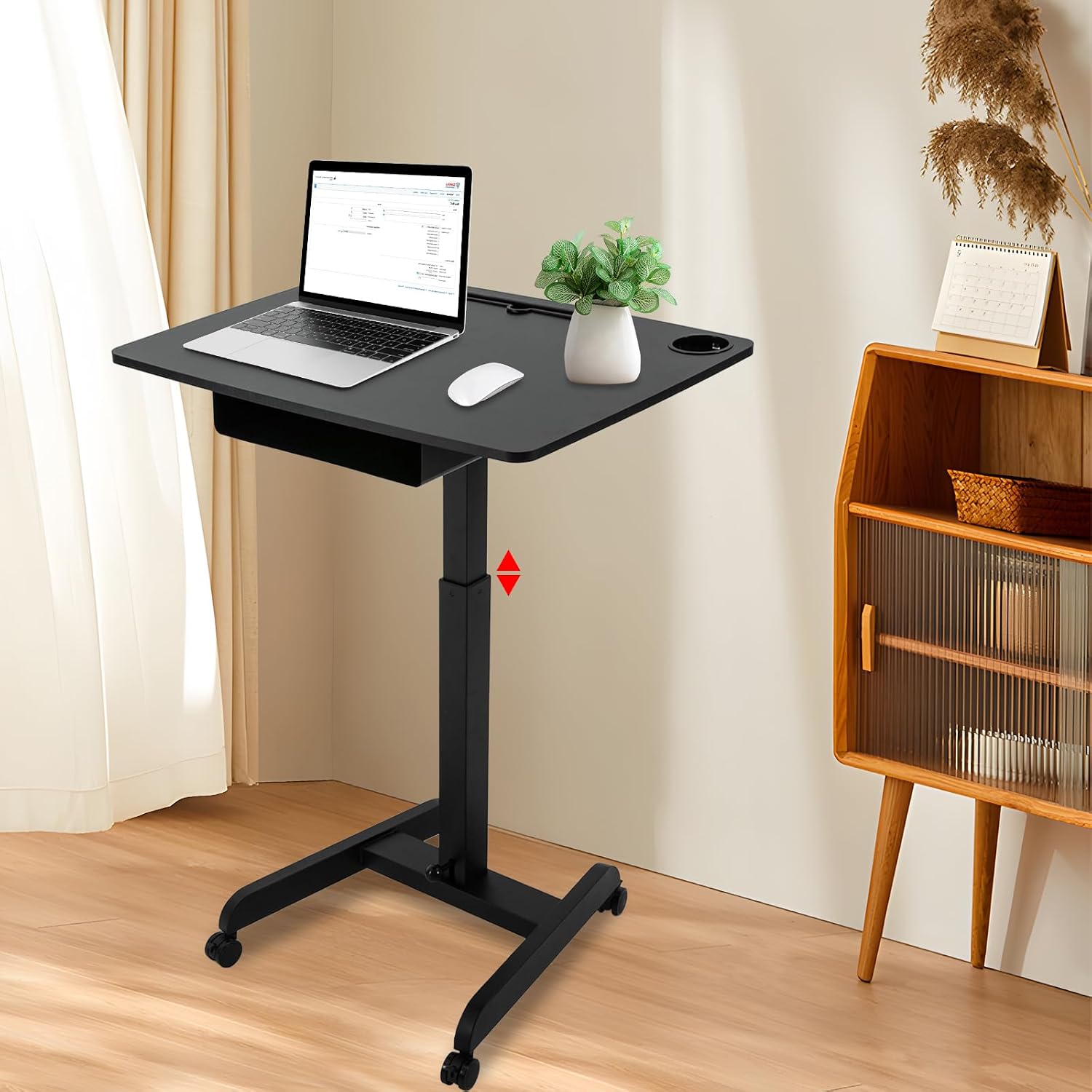 Height Adjustable Foot Pedal Rolling Desk, Mobile Standing Desk, Adjustable Rolling Desk, Black Standing Desk 22" D x 31.5" W x 44.25" H, Portable Computer Desk with Wheels for Home Office
