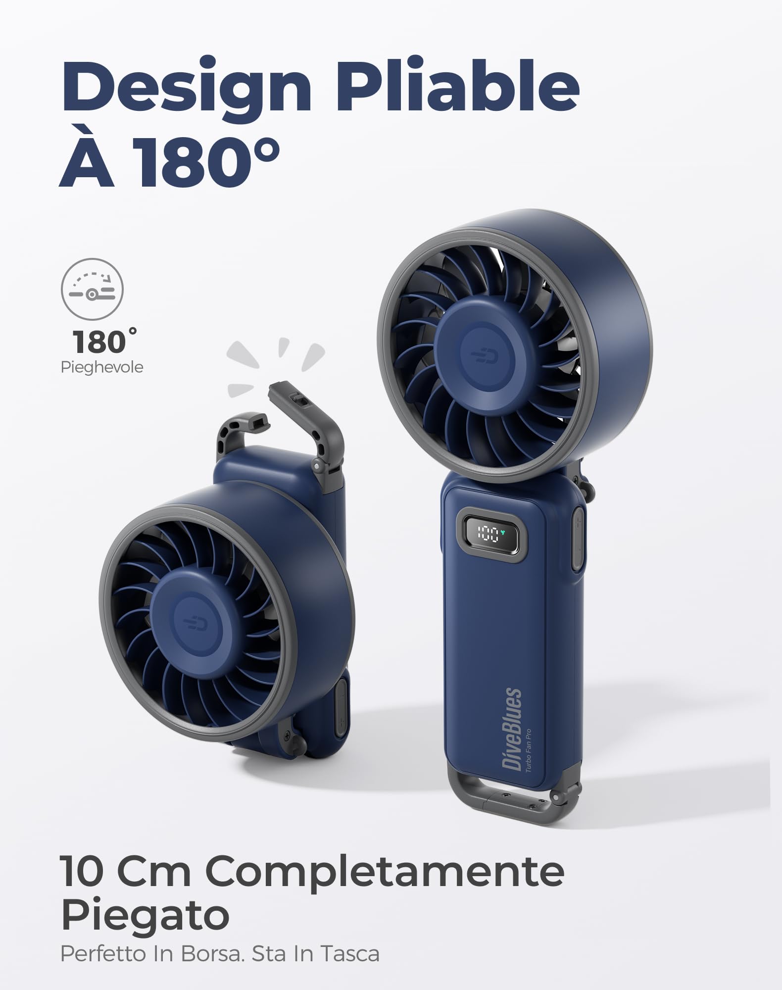 Diveblues Mini Ventilatore Portatile a Mano, Ventilatore Turbo USB Ricaricabile Pieghevole, 100 Velocità, Fino a 12 Ore di Autonomia, Ventilatore 4-in-1 da Tavolo e da Collo per Viaggi e Outdoor