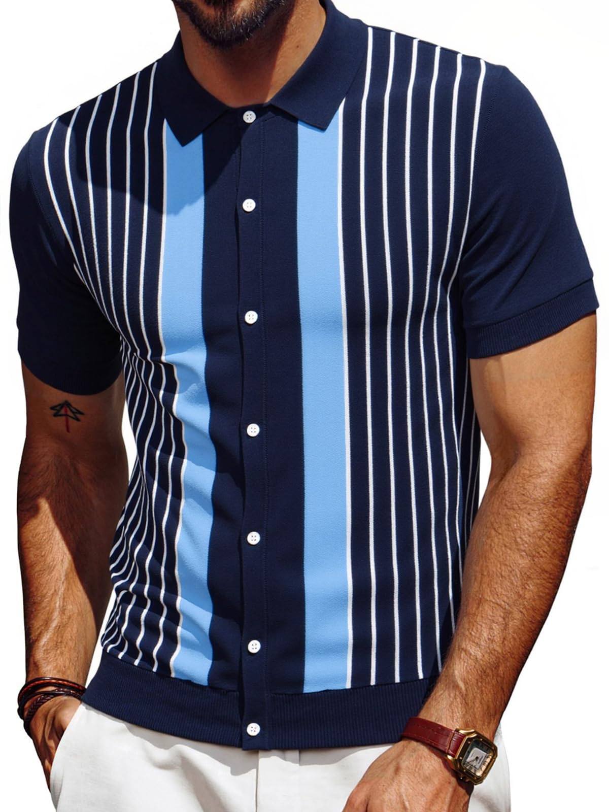 Les umes Polo Uomo A Righe Retro Cardigan Con Maniche Corte Cotone Estate Golf Casual