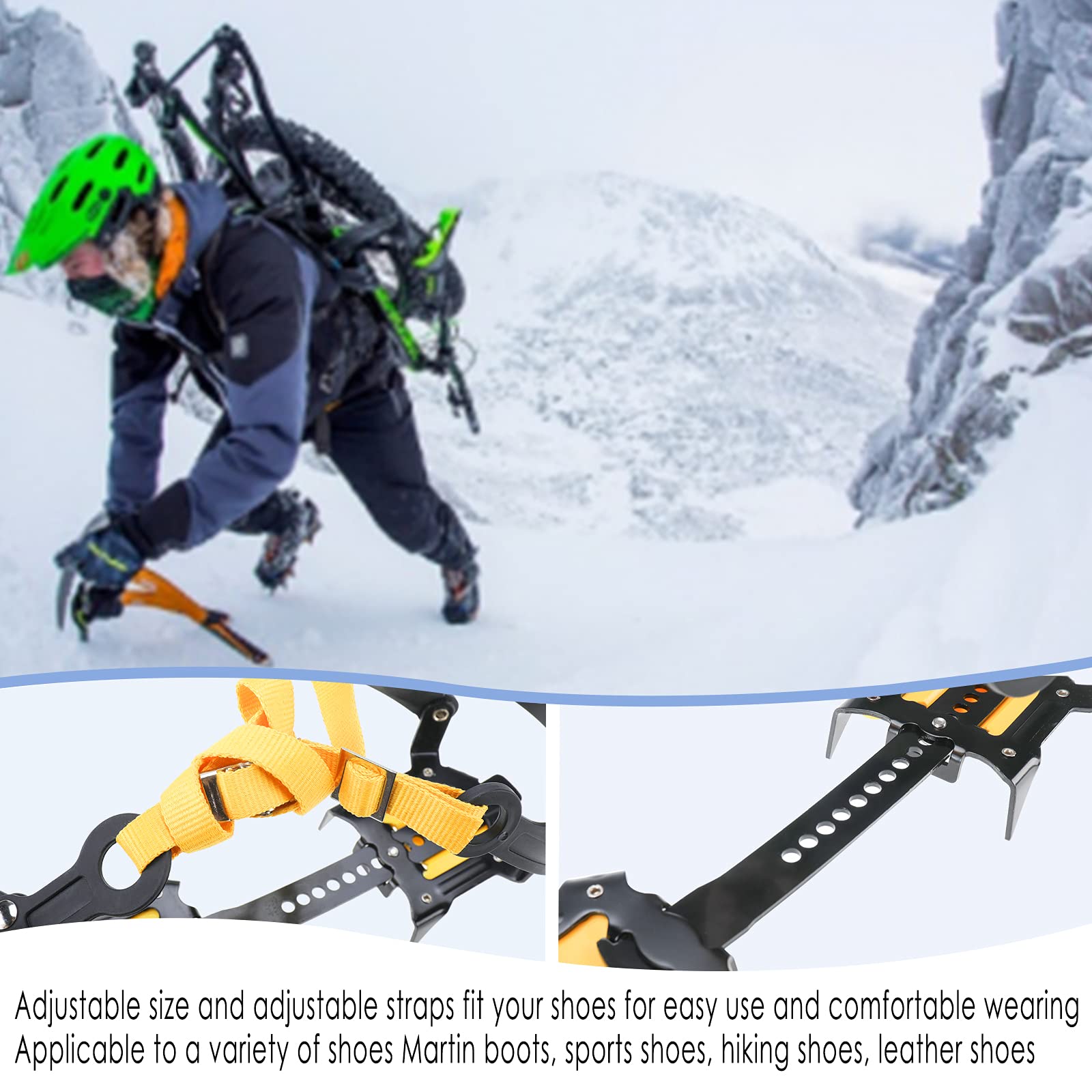 Amarine Made Crampons à glace antidérapants pour homme et femme, 10 dents en acier inoxydable, crampons de traction pour randonnée, escalade, pêche, jogging