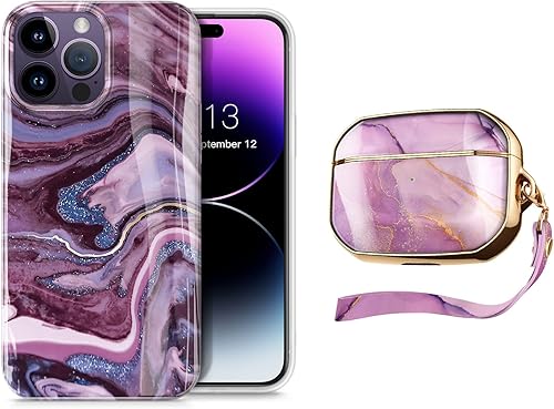 GVIEWIN Paquete Compatible con iPhone 14 Pro Max Marble Case arena movedizamorado Marble AirPods Pro 2 y Airpods Pro púrpura romántico paquete de