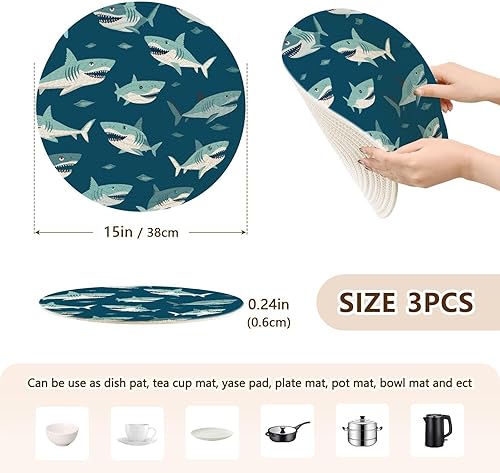 Miniatura 2 de 3 alfombrillas salvamanteles de tiburón azul para platos calientes de 15 pulgadas, tejido de hilo de algodón, almohadillas resistentes al calor para