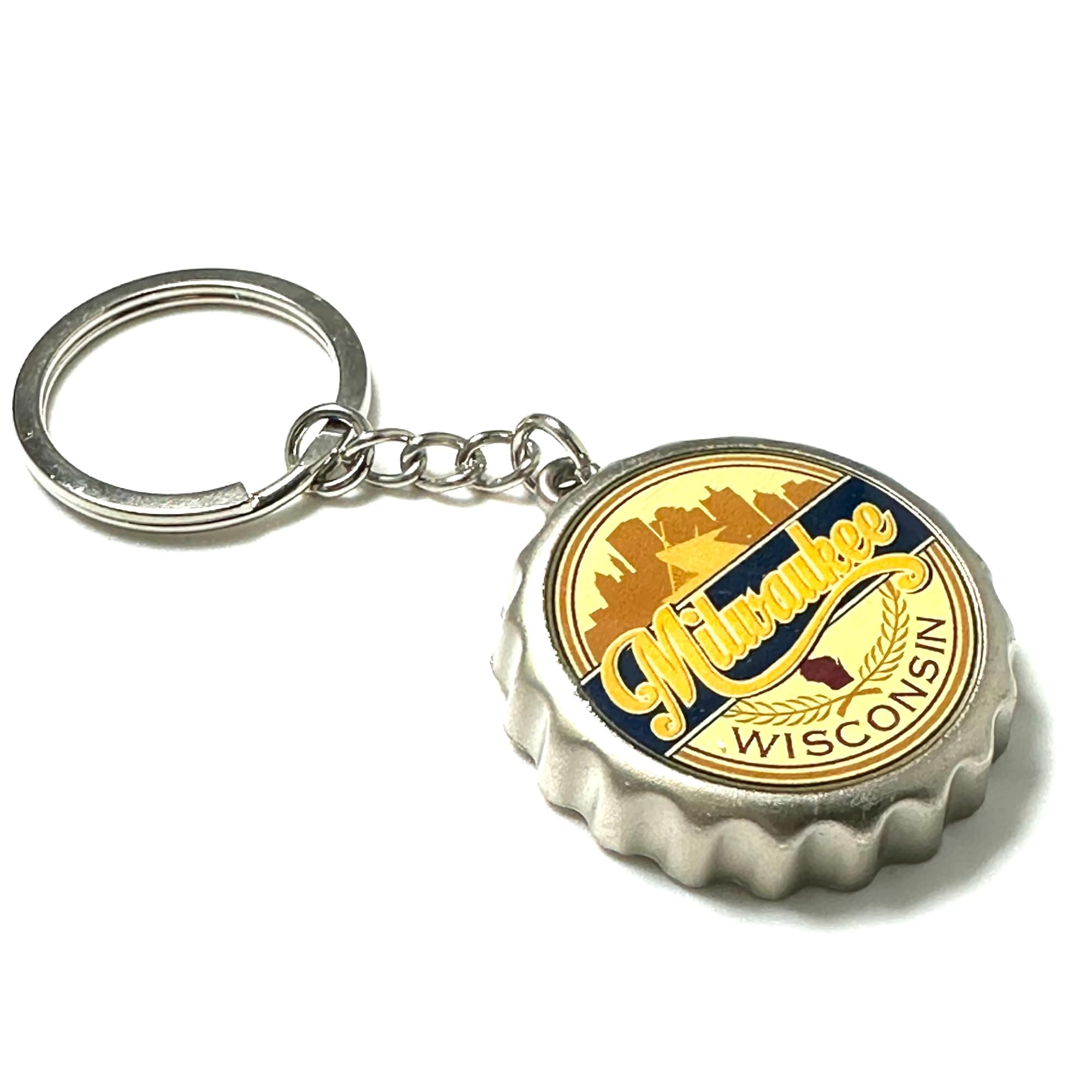 Milwaukee Keychain Metal Opener Wisconsin Vacation Souvenir Key Ring with Bottle Cap Skyline Design