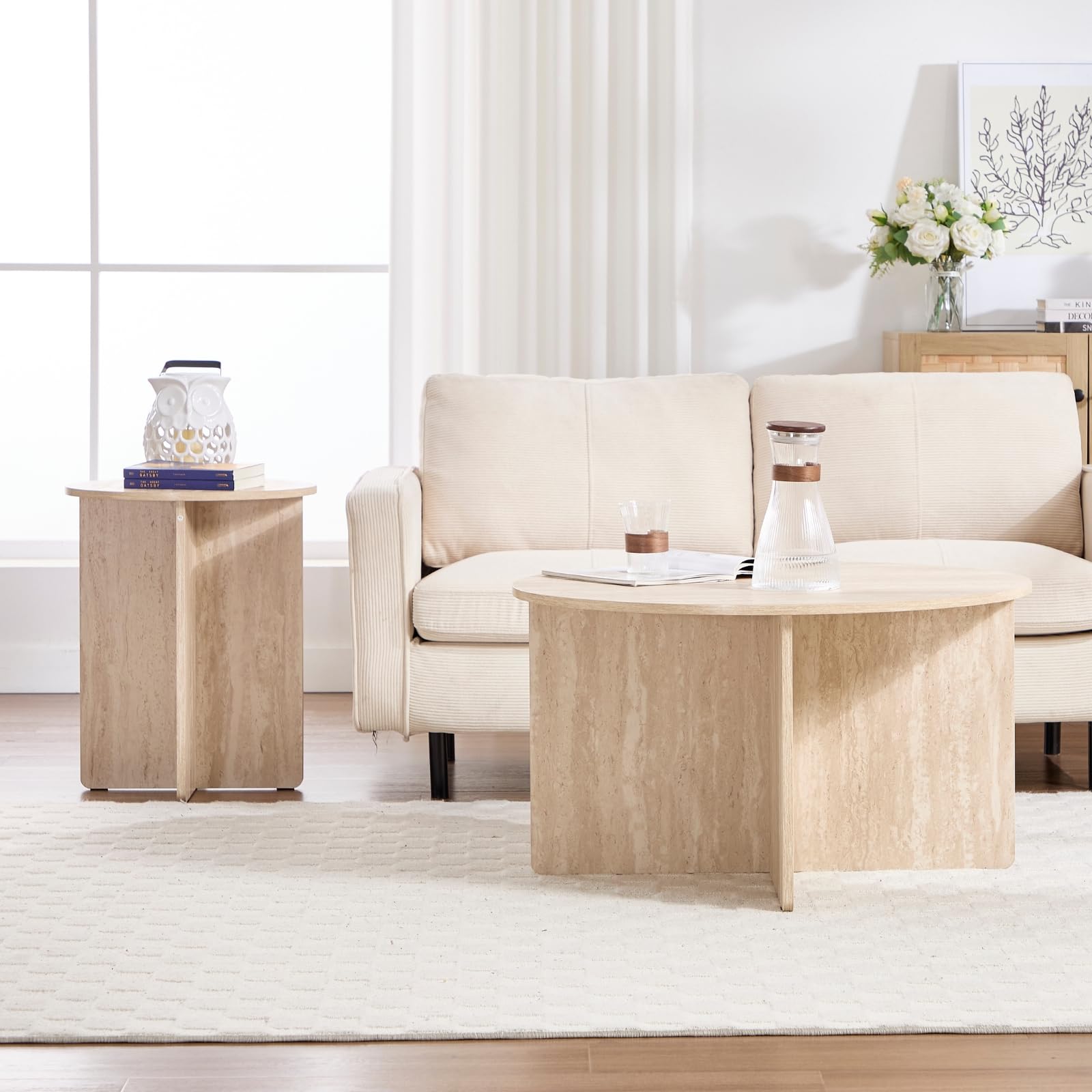 chairus Lot de 2 Tables Basses Rondes Moderne pour Chambre, Table de Salon en Bois avec Plateau Rond, Table d'Appoint Effet Chêne Bout de Canapé，Beige