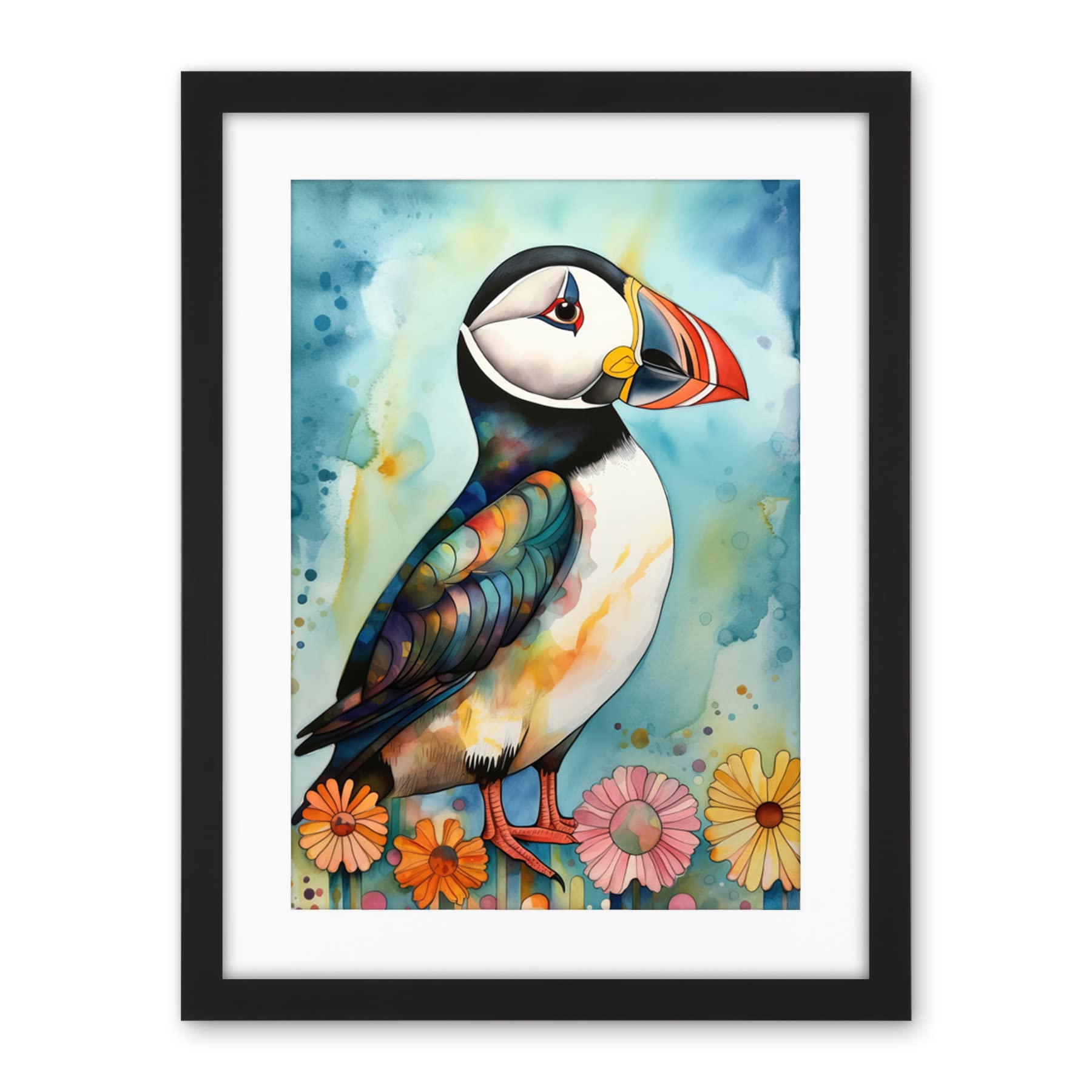 Artery8 Puffin Bird With Flowers Folk Art Artwork Framed Wall Art Print 18X24 Inch