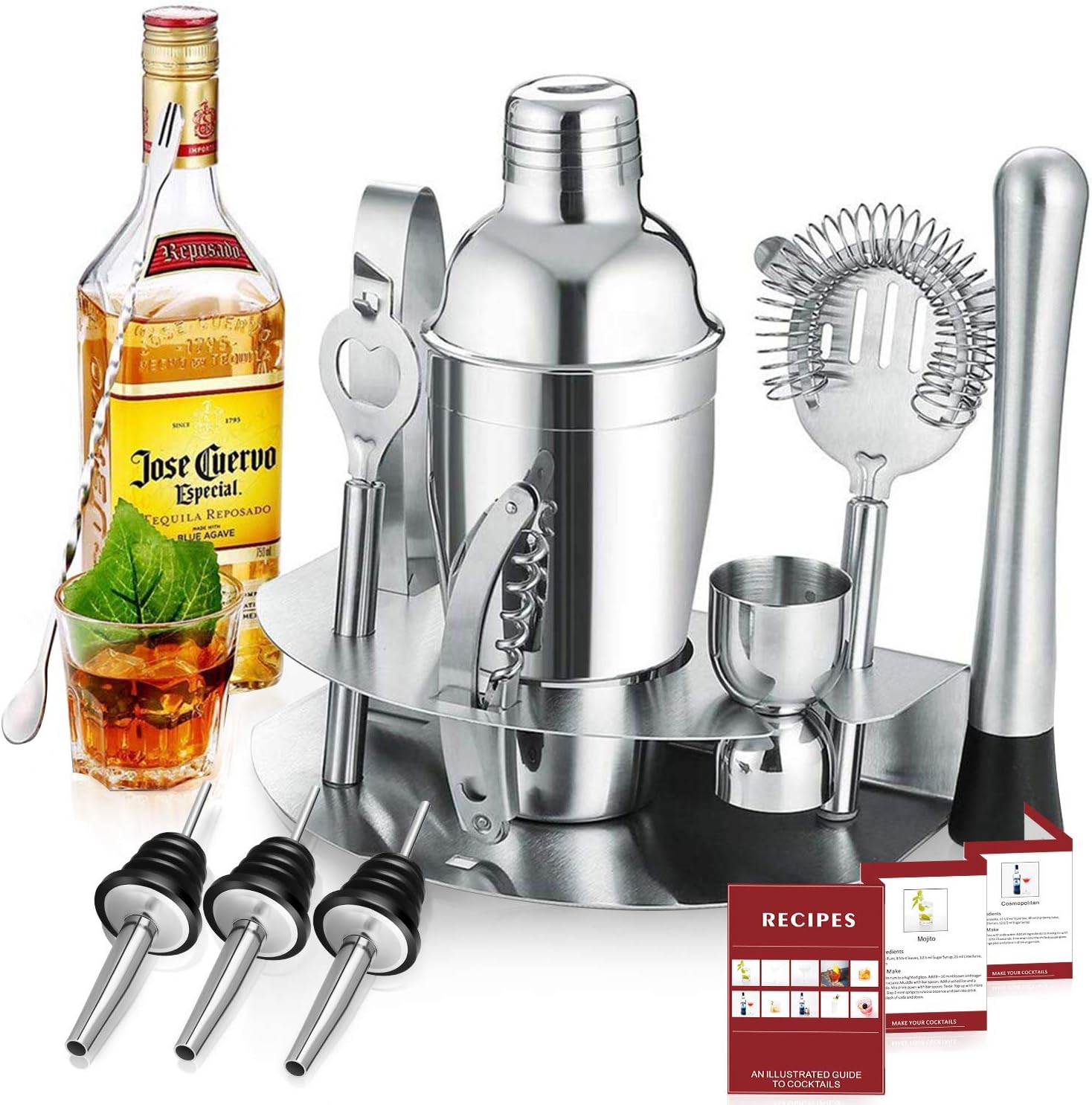 Elepawl avec Shaker 12 Pièces en Acier Inoxidable | Kit Cocktail, Stainless_Steel, Silver Set, 12pcs 550ml
