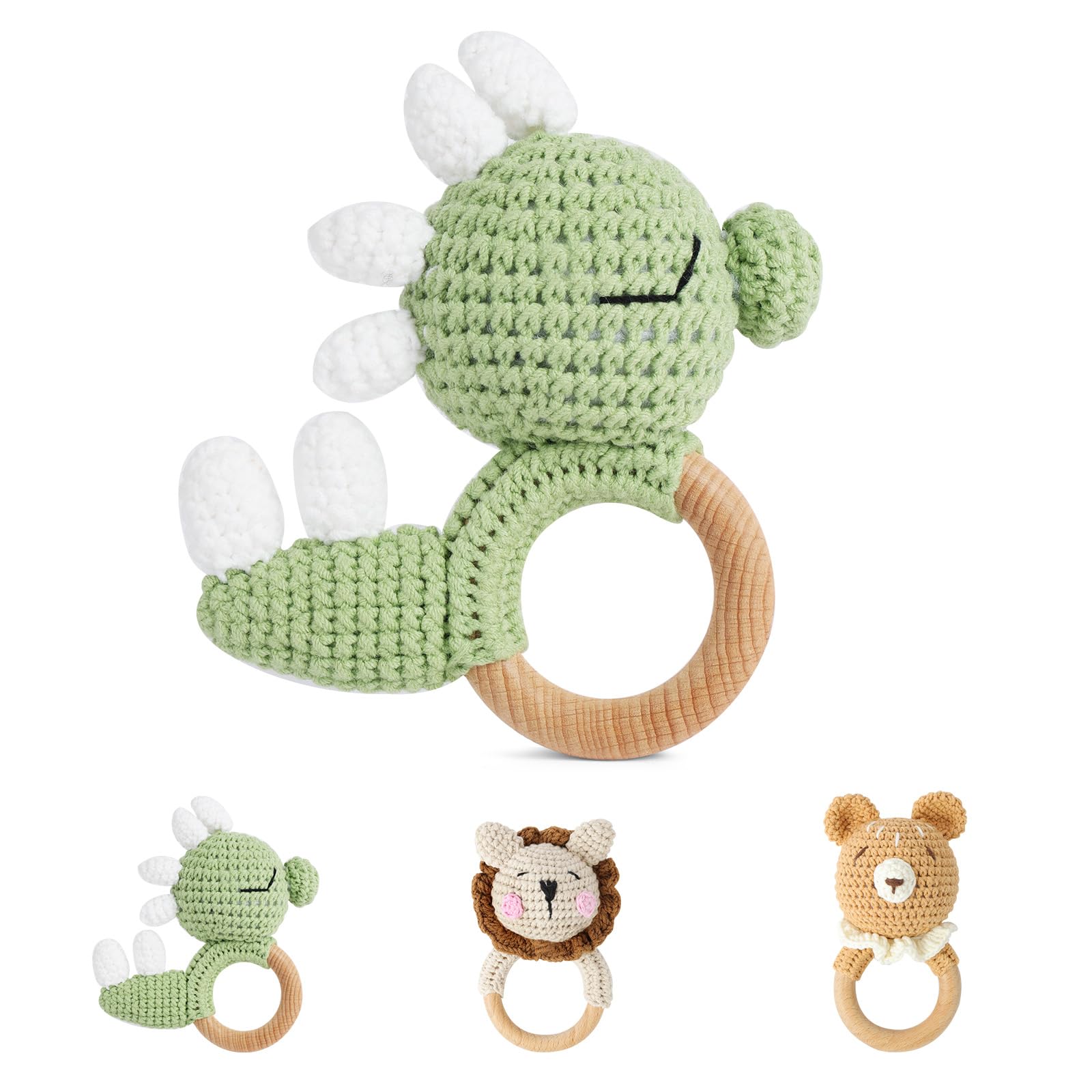 Vicloon Wooden Baby Rattle, Crochet Animals Soft Rattle Sensory Toys