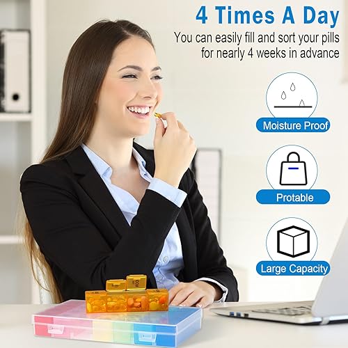 Miniatura 5 de Dandat Paquete de 2 organizadores semanales de píldoras extragrandes 4 veces al día, organizador de píldoras mensual grande, organizador de