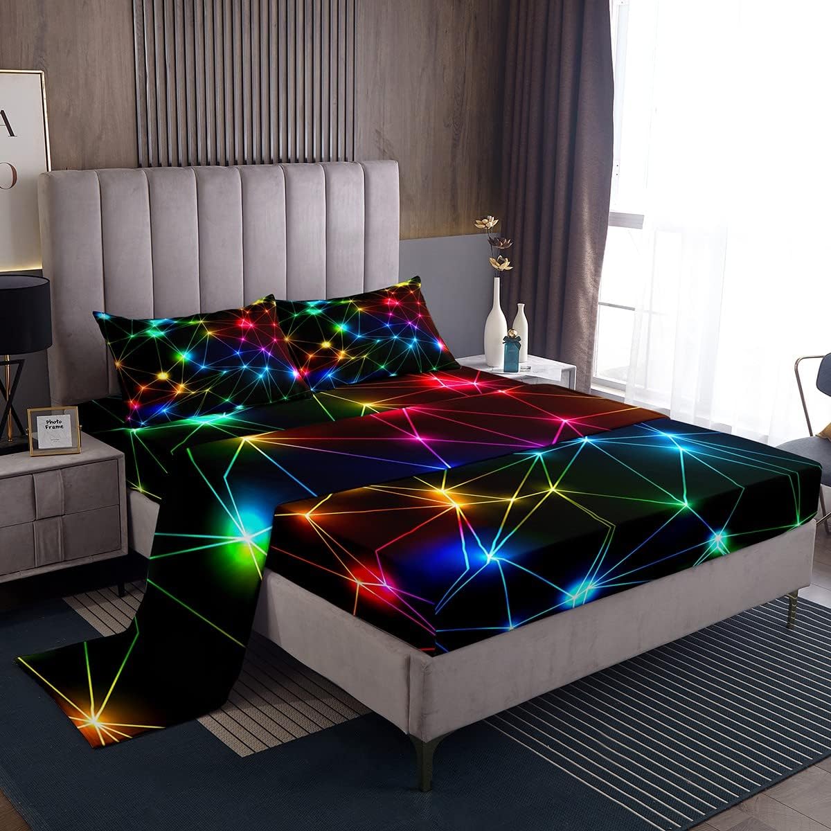 Manfei Rainbow Neon Lights Bed Sheet 4 Piece,Colorful Glowing Crossed Stripes (Not Glowing) Sheets Full Size Bed Set,Geometric Modern Bedding Set with Flat,Fitted Sheet,2 Pillow Cases, Multi 5