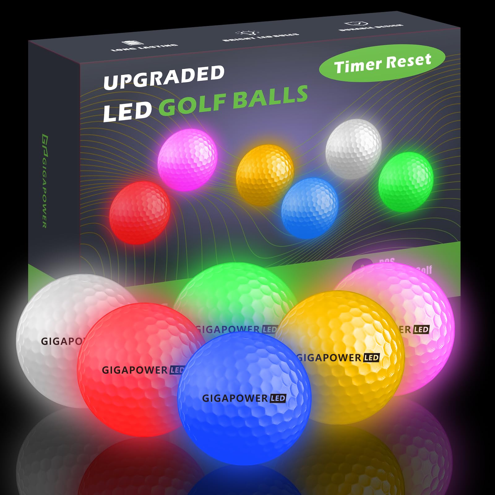 Glow in The Dark Golf Balls, [Resettable Time] Light Up LED Golf Balls for Night Sports, Super Bright, Colorful and Waterproof Glow Golf Balls for Men Women, 6 Colors Pack