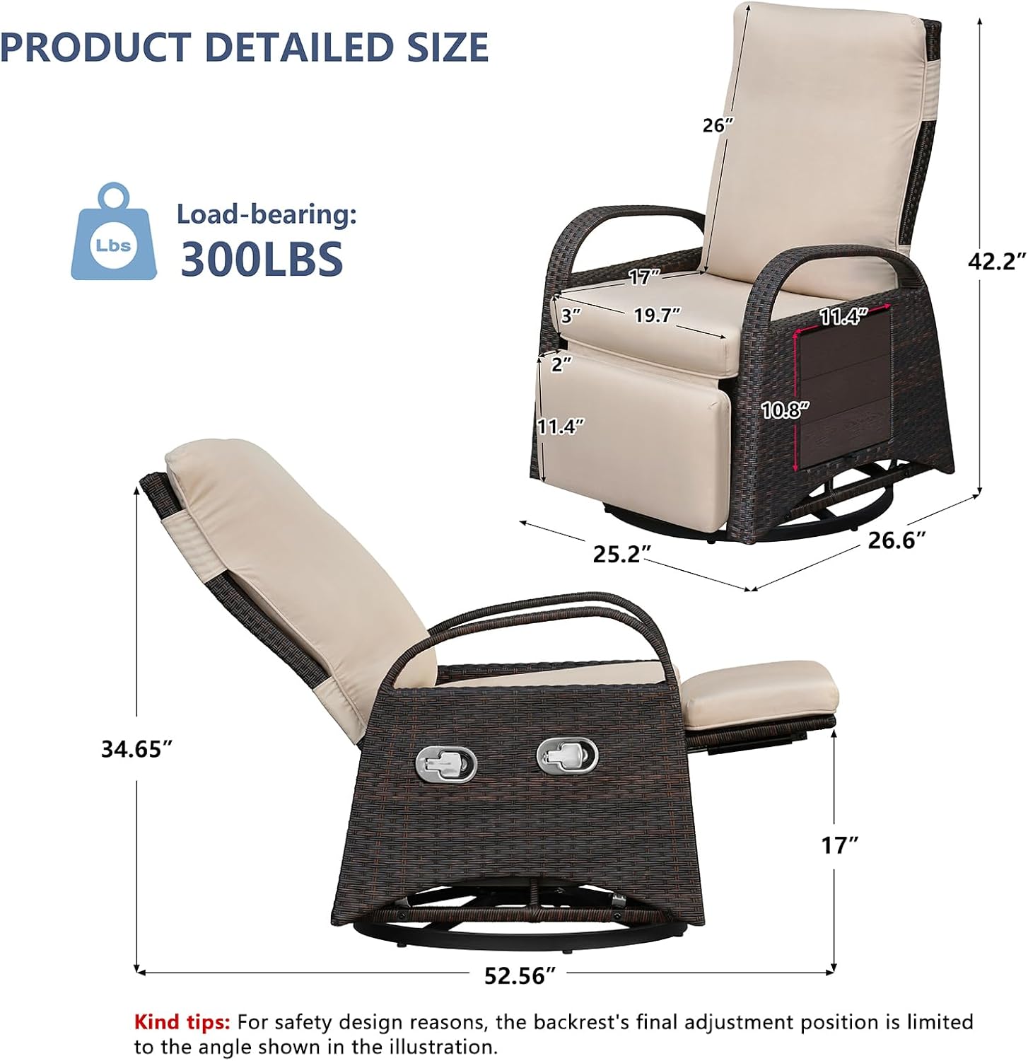 Skypatio Outdoor Patio Swivel Recliner Chair, Independently Adjustable Backrest and Footrest Patio Wicker Reclining Lounge Chair with Flip Side Table for Indoor, Balcony, Porch(Light Khaki)
