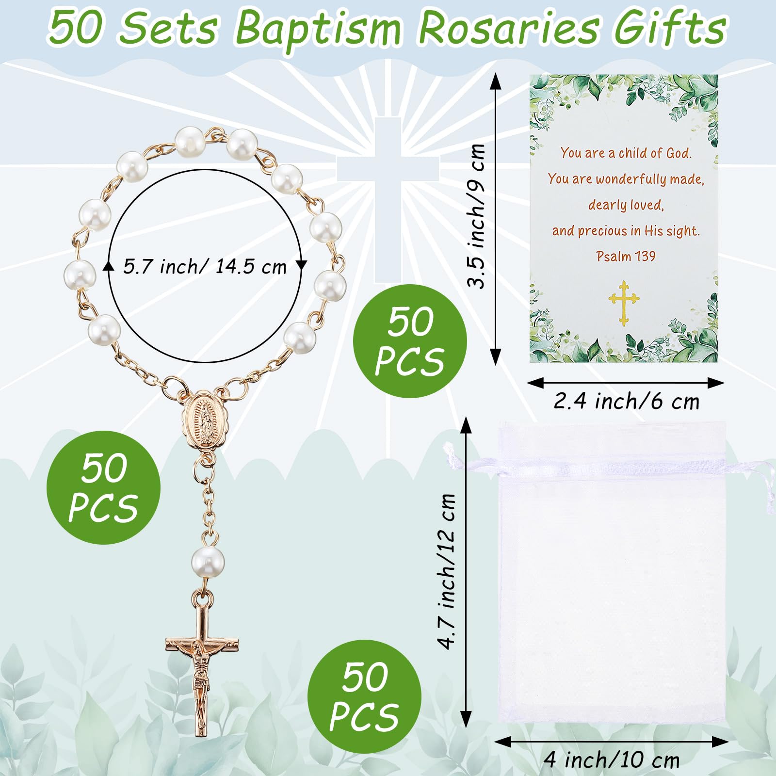 Quelay 50 Sets Taufgeschenke-Set, Mini-Rosenkränze, Tauf-Rosenkranz, Perlen, Kunstperlen mit Kreuz, Psalm-Karten und Organza-Beuteln, elfenbeinfarben, Tauf-Rosenkränze, Grußkarten für Babyparty,