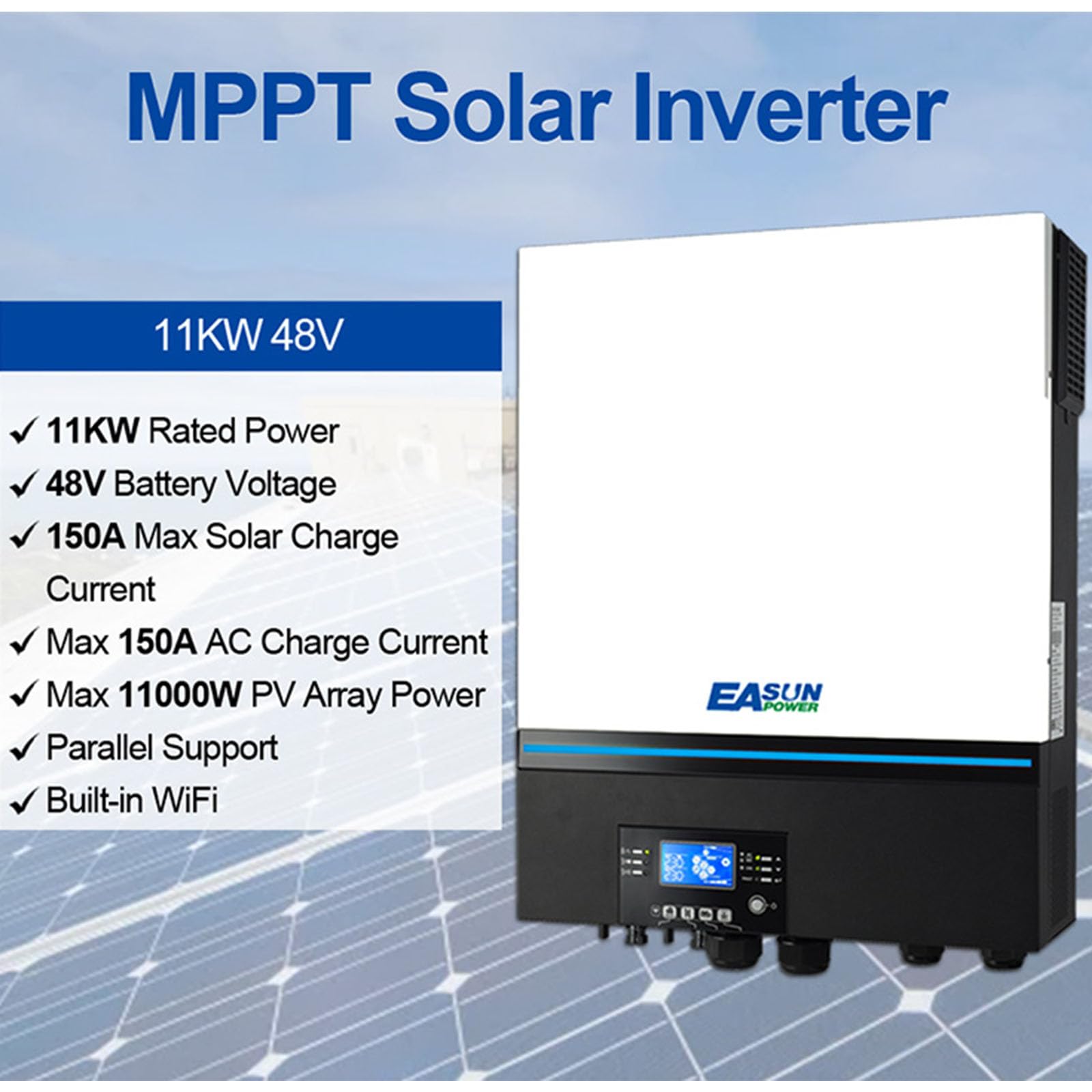 POWLAND Inverter ibrido da 11KW 48V, 2 MPPT, inverter indipendente dalla rete, funziona senza batteria, 150A Corrente di carica, Supporto parallelo, Doppia uscita 230v AC, FV 90-450Vdc, WiFi integrato
