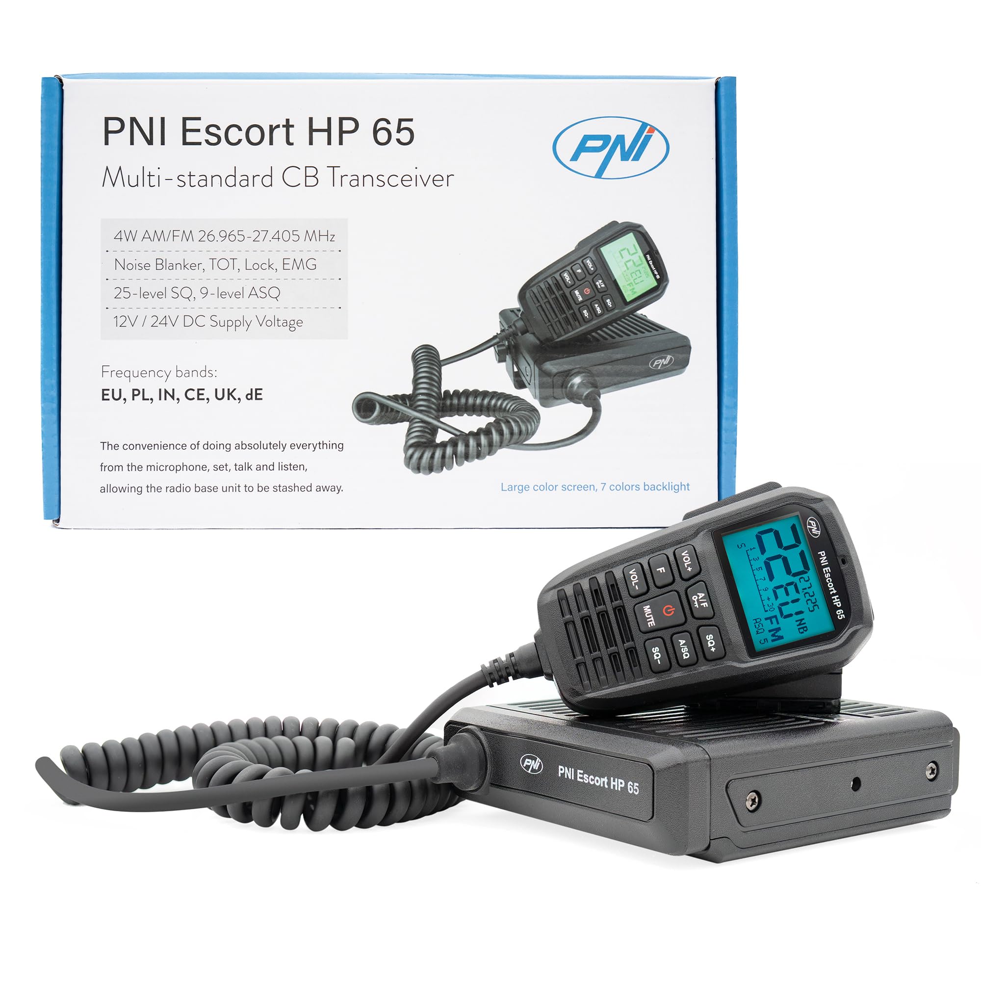 Estación de Radio CB PNI Escort HP 65 ASQ, multinorma, antiruido, ASQ, Ajustable SQ, 12 V - 24 V, Enchufe para Encendedor de Cigarrillos Incluido