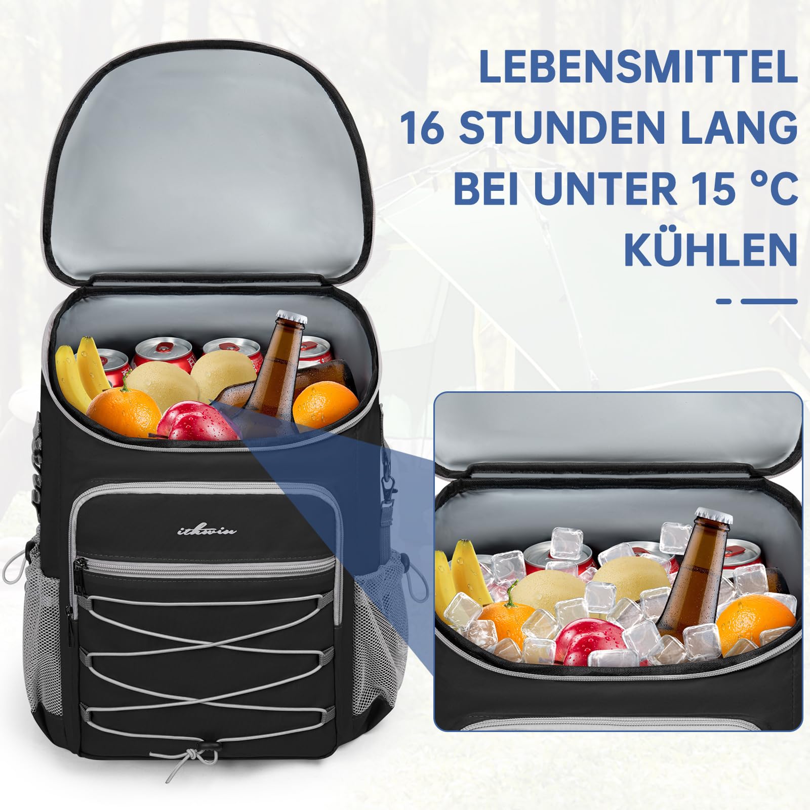OUUTMEE Kühltasche 25L Thermo Rucksack Auslaufsicher, Kühlrucksack für 30 Getränkedosen (330 ml),für Wandern und Picknick, Praktisch & Leicht,Schwarz/Blau/Grau/Grün/Orange Farbe