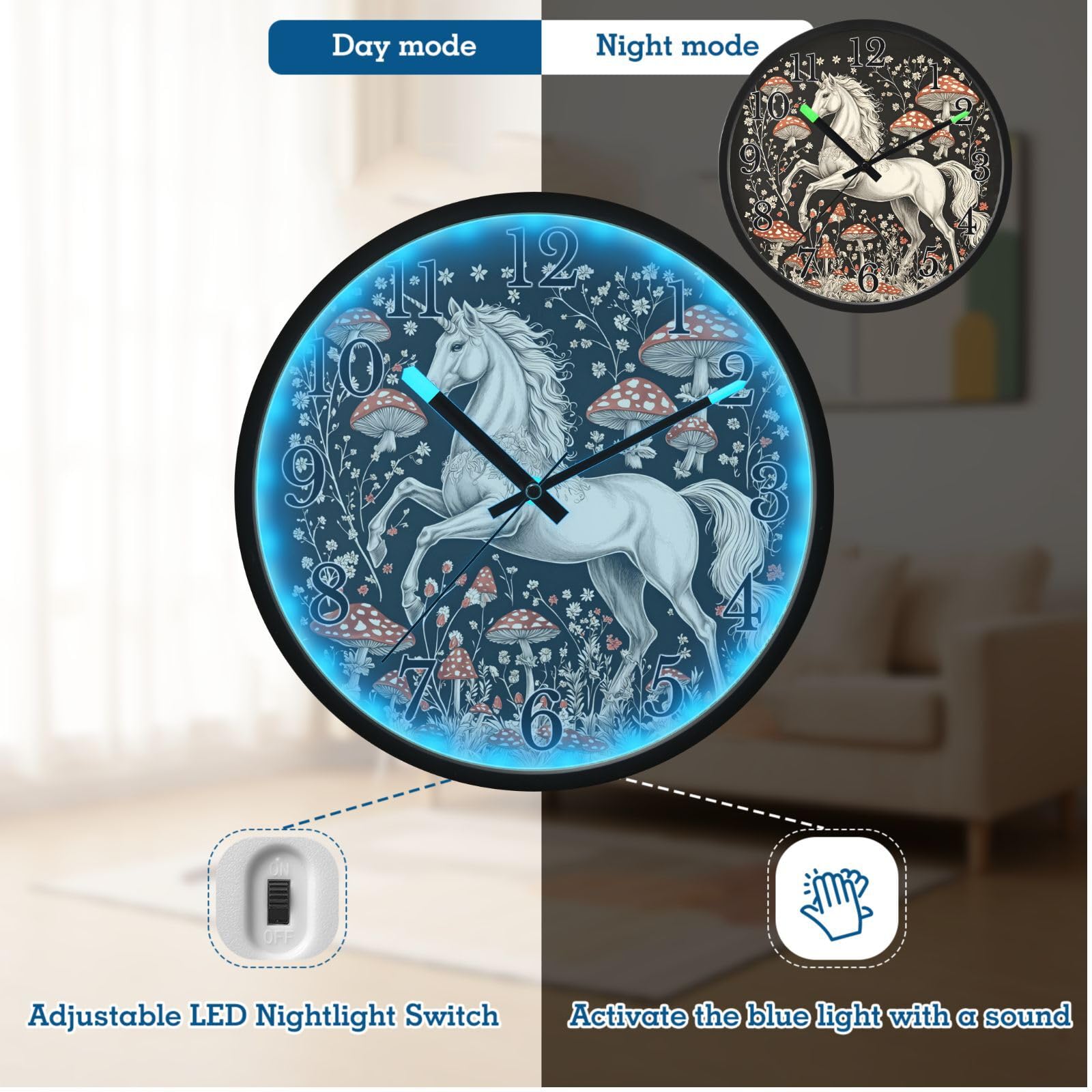 Mnsruu Reloj de pared con diseño de unicornio y hongos bohemios, funciona con pilas, silencioso, brilla en la oscuridad, para sala de estar, cocina, 30,5 cm