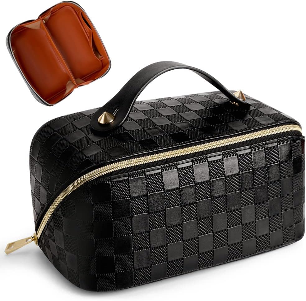 Cessfle Large Capacity Travel Cosmetic Bag Plaid Checkered Makeup Bag Portable Leather Waterproof Skincare Bag with Handle and Divider for Women, 01-Black, Fashion