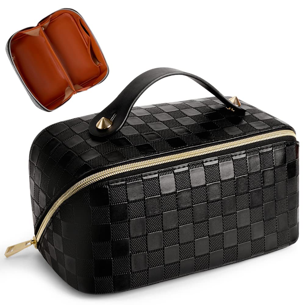CessfleLarge Capacity Travel Cosmetic Bag Plaid Checkered Makeup Bag Portable Leather Waterproof Skincare Bag with Handle and Divider for Women, 01-Black, Fashion