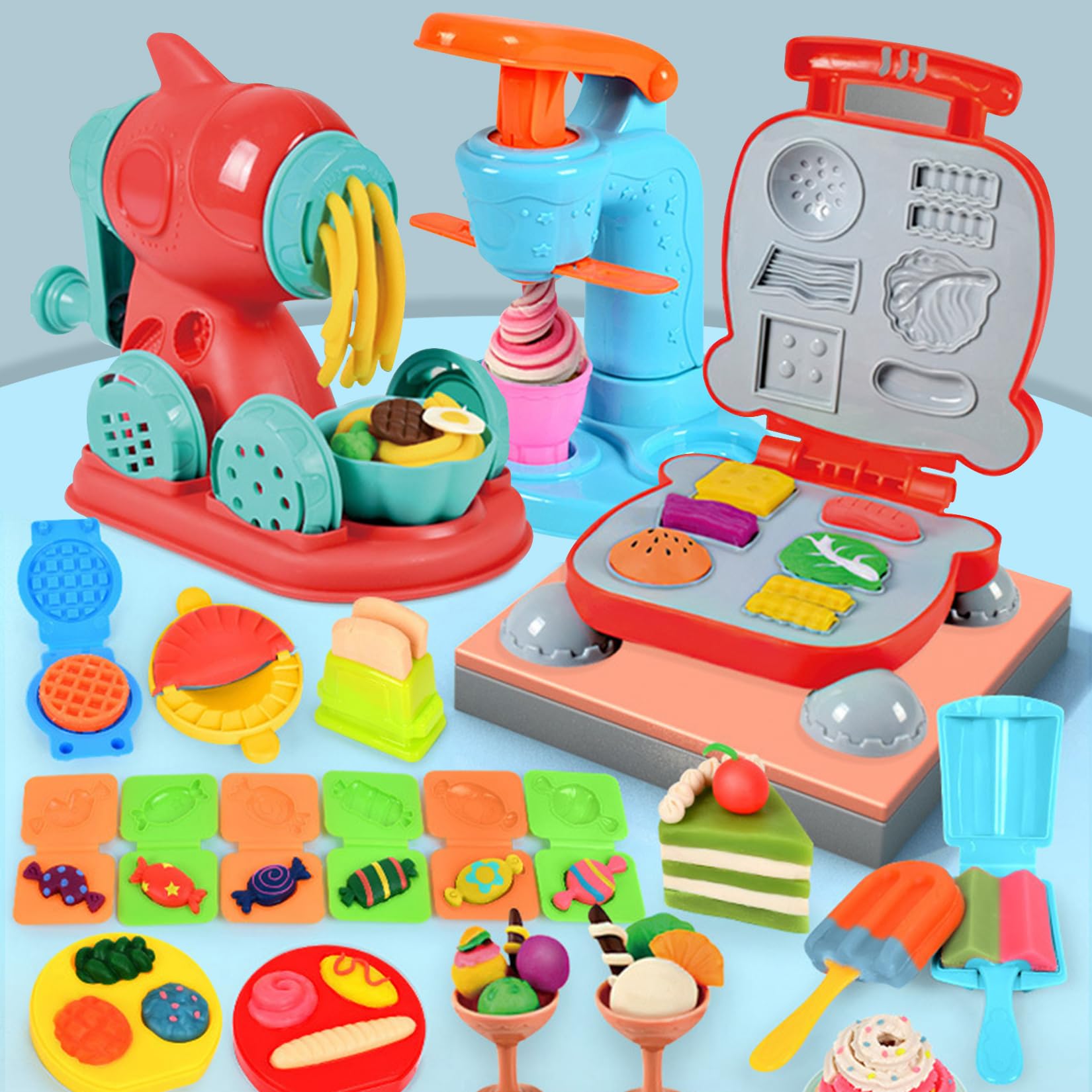 Kit De 51 Pièces Pâte à Modeler – Machine à Pâtes, Glace, Burger, Moules Animaux, 12 Couleurs – Dès 3 Ans