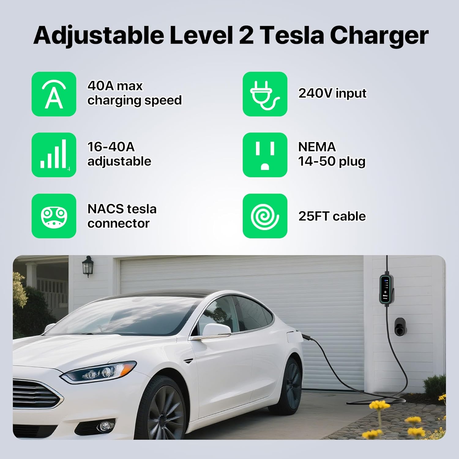 40A Level 2 EV Charger with J1772 Connector, 16-40A Adjustable Mobile Electric Vehicle Chargers with NEMA 14-50 Plug, 25FT Cable 240V 9.6kw Car Charging Sations