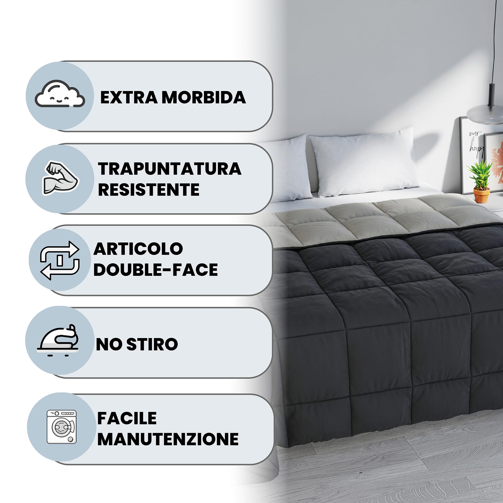 Italian Bed Linen Wintersteppdecke Elegant, Mikrofaser, Hellgrau/Dunkelgrau, 170x260cm