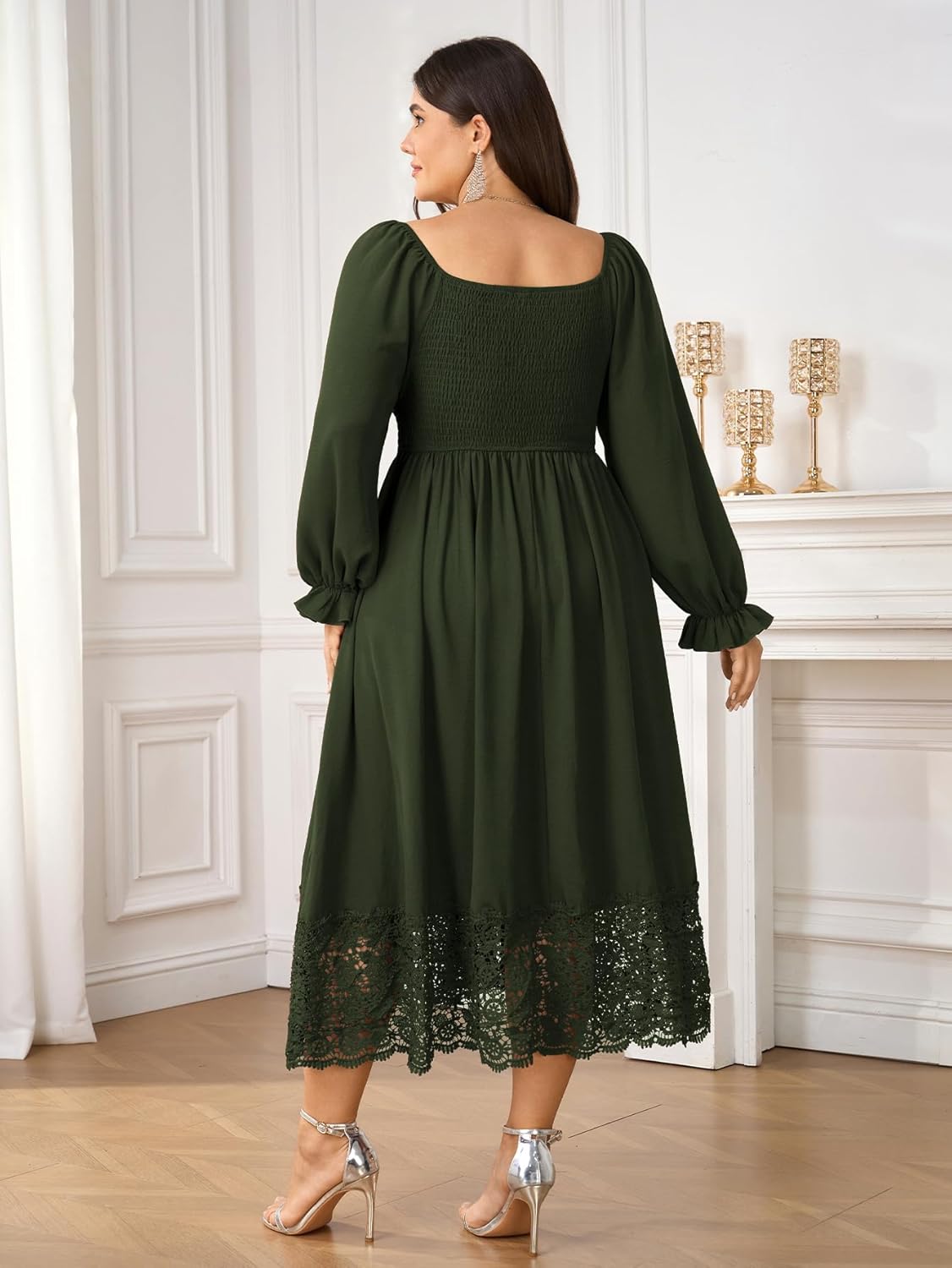 Women's Plus Size Maxi Dress Long Sleeve Square Neck Smocked Flowy A-Line Lace Trim Wedding Guest Dresses - Image 6