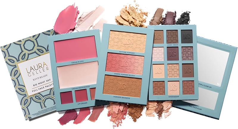 LAURA GELLER NEW YORK RSVP-Ready Big Night Out Full Face Travel Makeup Palette - All-in-One Set includes Eyeshadows, Eye Liners, Blush, Bronzer, Highlighter, Setting Powder, and Lip Creams