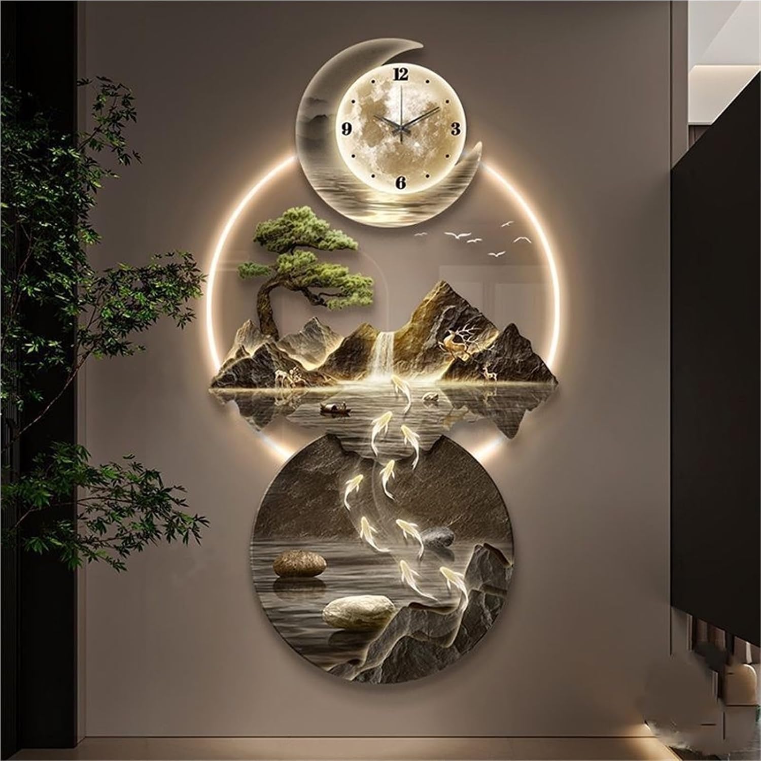 Modern 3D Wall Art Sculpture with LED Light, Plug-in Clock Home Decor, UV Engraved Wall Hanging for Bedroom, Living Room, Apartment(A,19.7"x39.4")