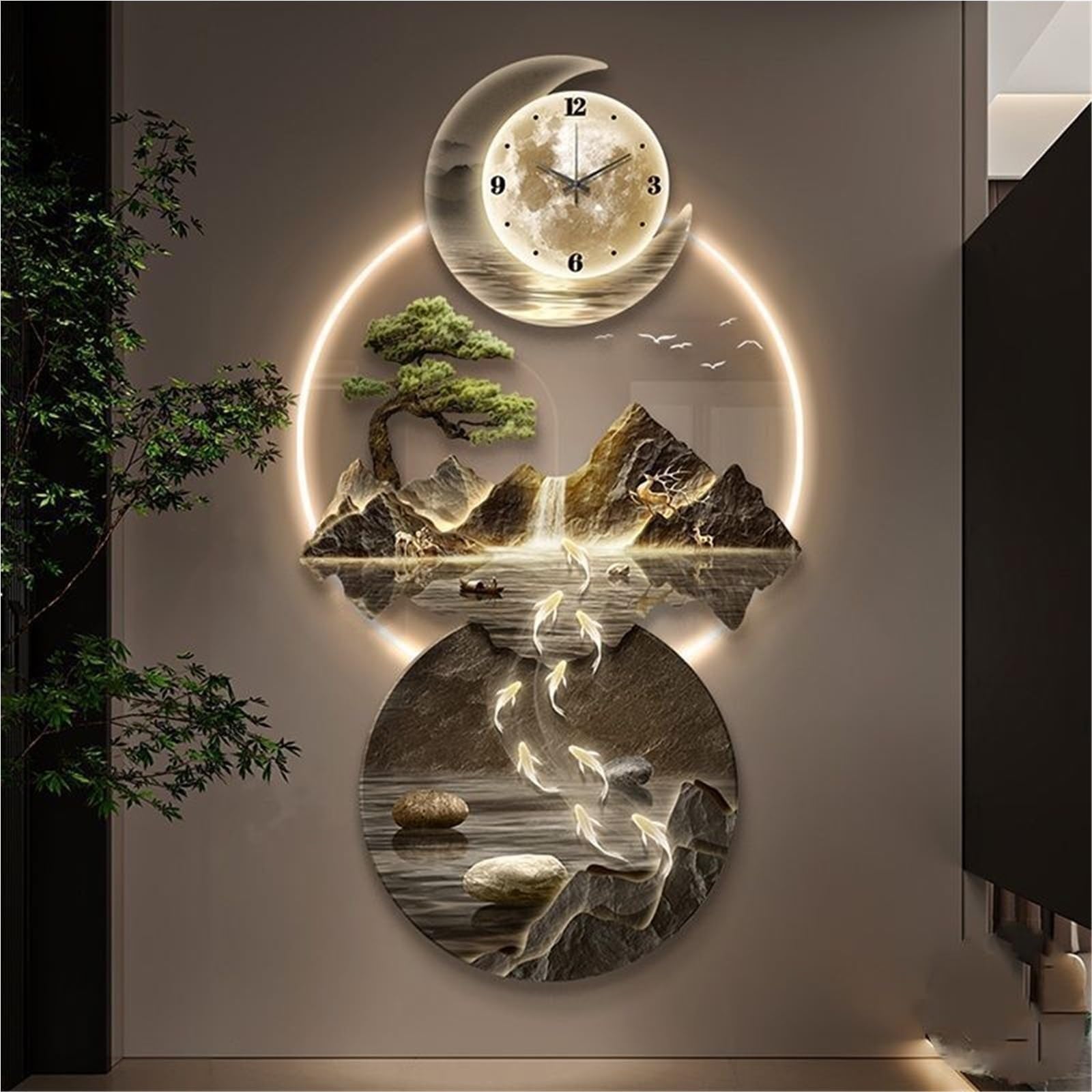 Modern 3D Wall Art Sculpture with LED Light, Plug-in Clock Home Decor, UV Engraved Wall Hanging for Bedroom, Living Room, Apartment(A,19.7"x39.4")